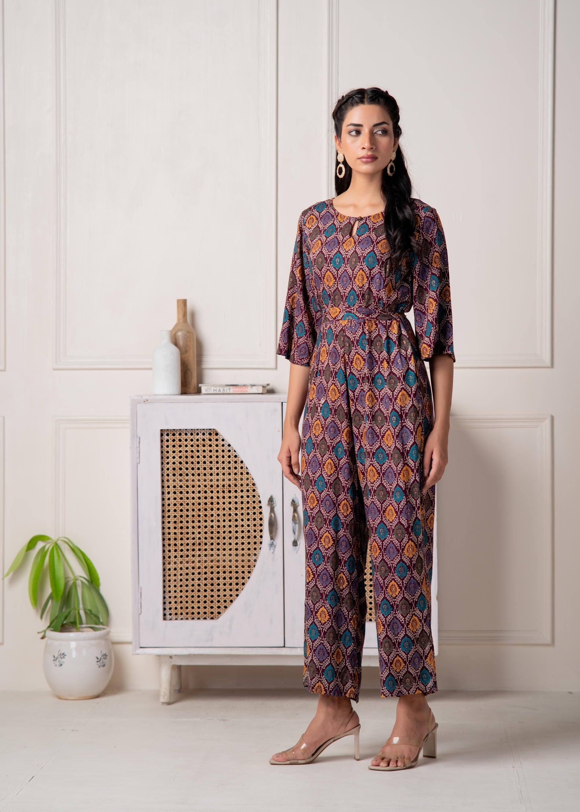 Wine Floral Printed Viscose Jumpsuit with Belt | DesiQlo