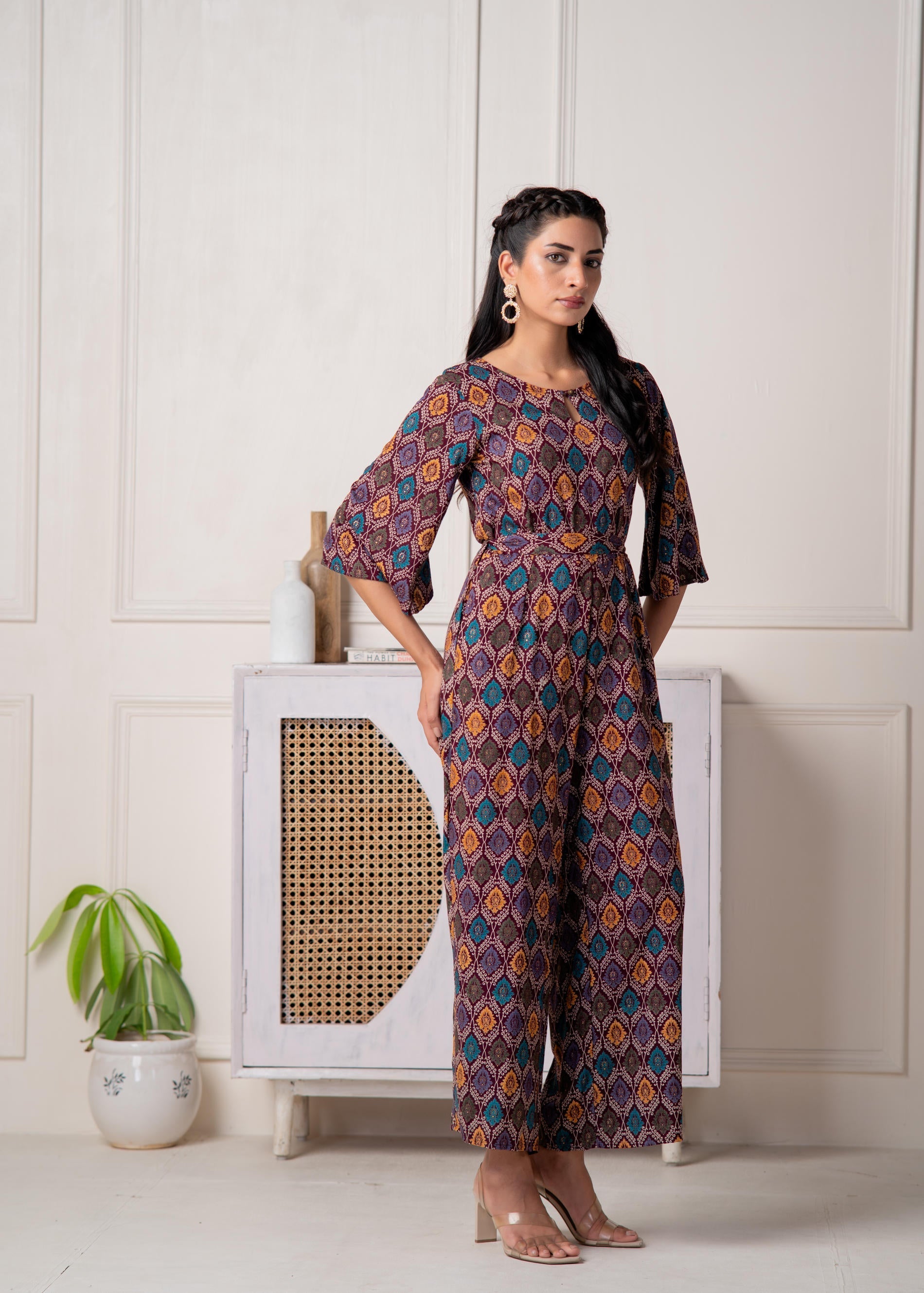 Wine Floral Printed Viscose Jumpsuit with Belt | DesiQlo