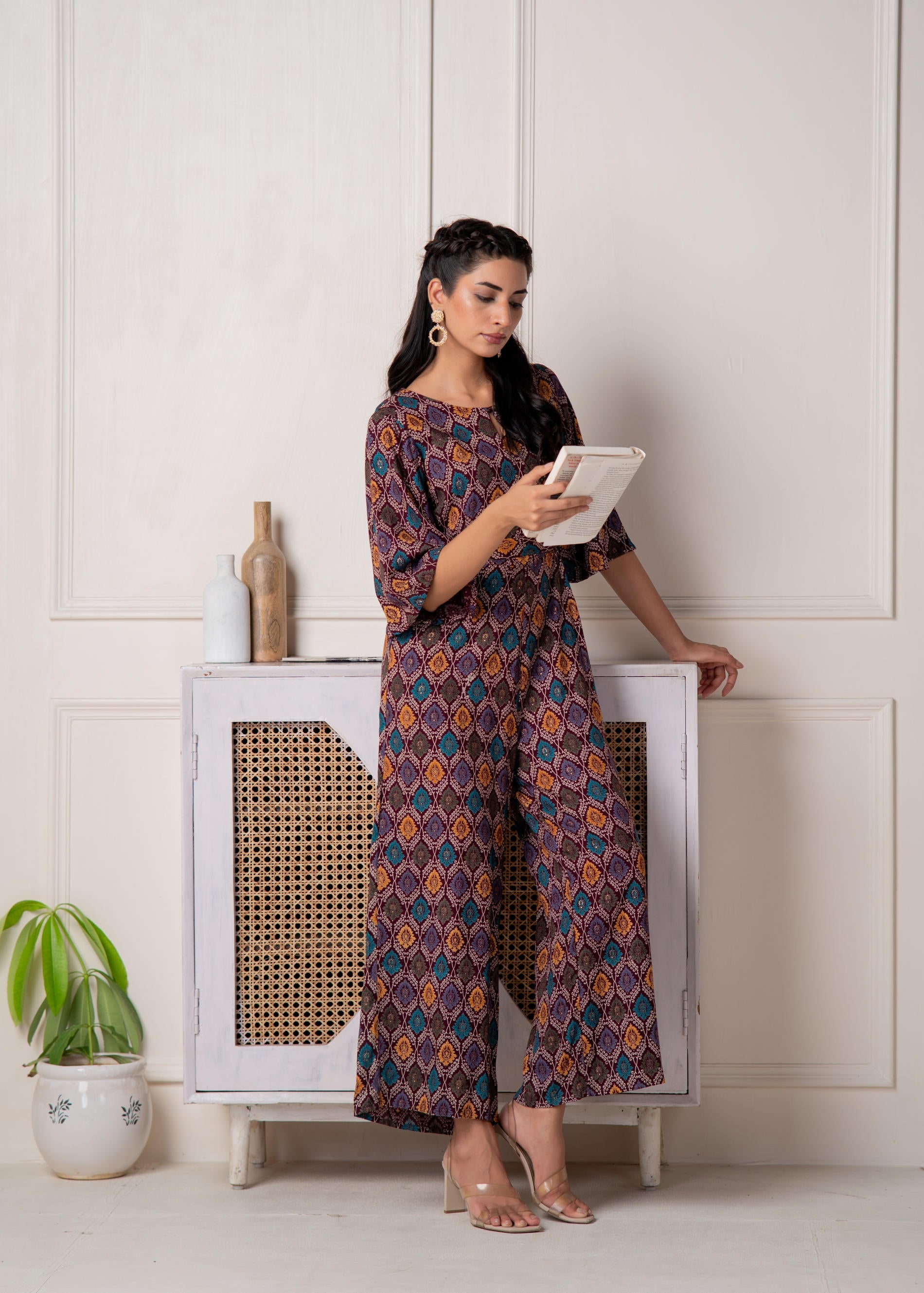 Wine Floral Printed Viscose Jumpsuit with Belt | DesiQlo