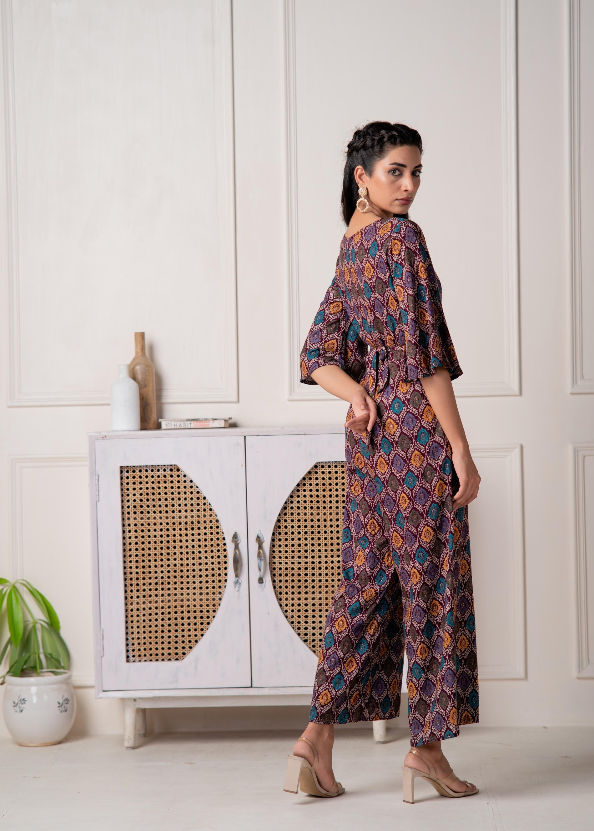 Wine Floral Printed Viscose Jumpsuit with Belt | DesiQlo