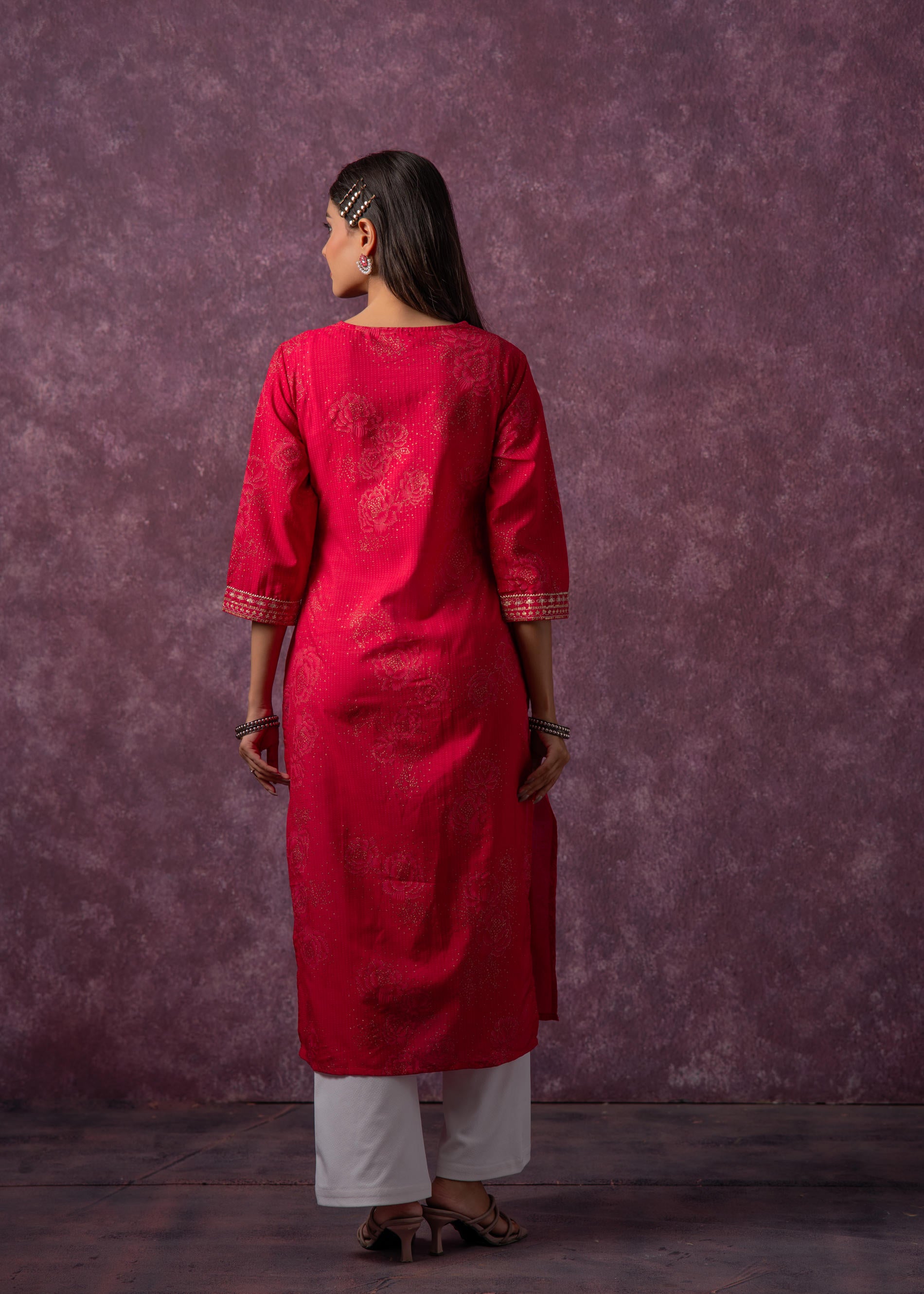 Rust Red Embroidered Straight Kurta-P1993FUCHSIA
