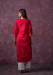 Rust Red Embroidered Straight Kurta-P1993FUCHSIA