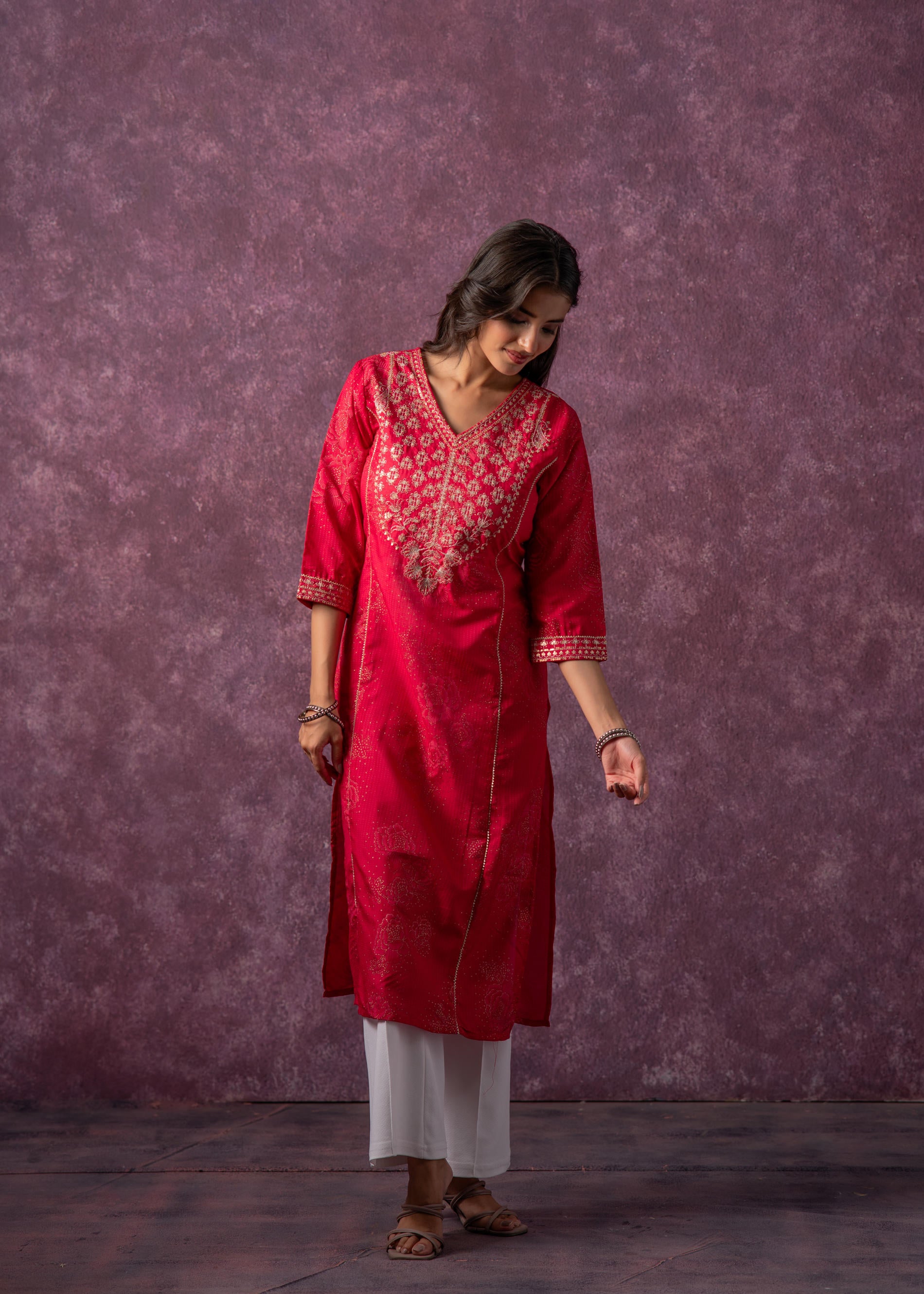 Rust Red Embroidered Straight Kurta-P1993FUCHSIA