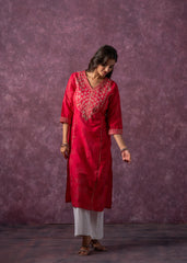 Rust Red Embroidered Straight Kurta-P1993FUCHSIA