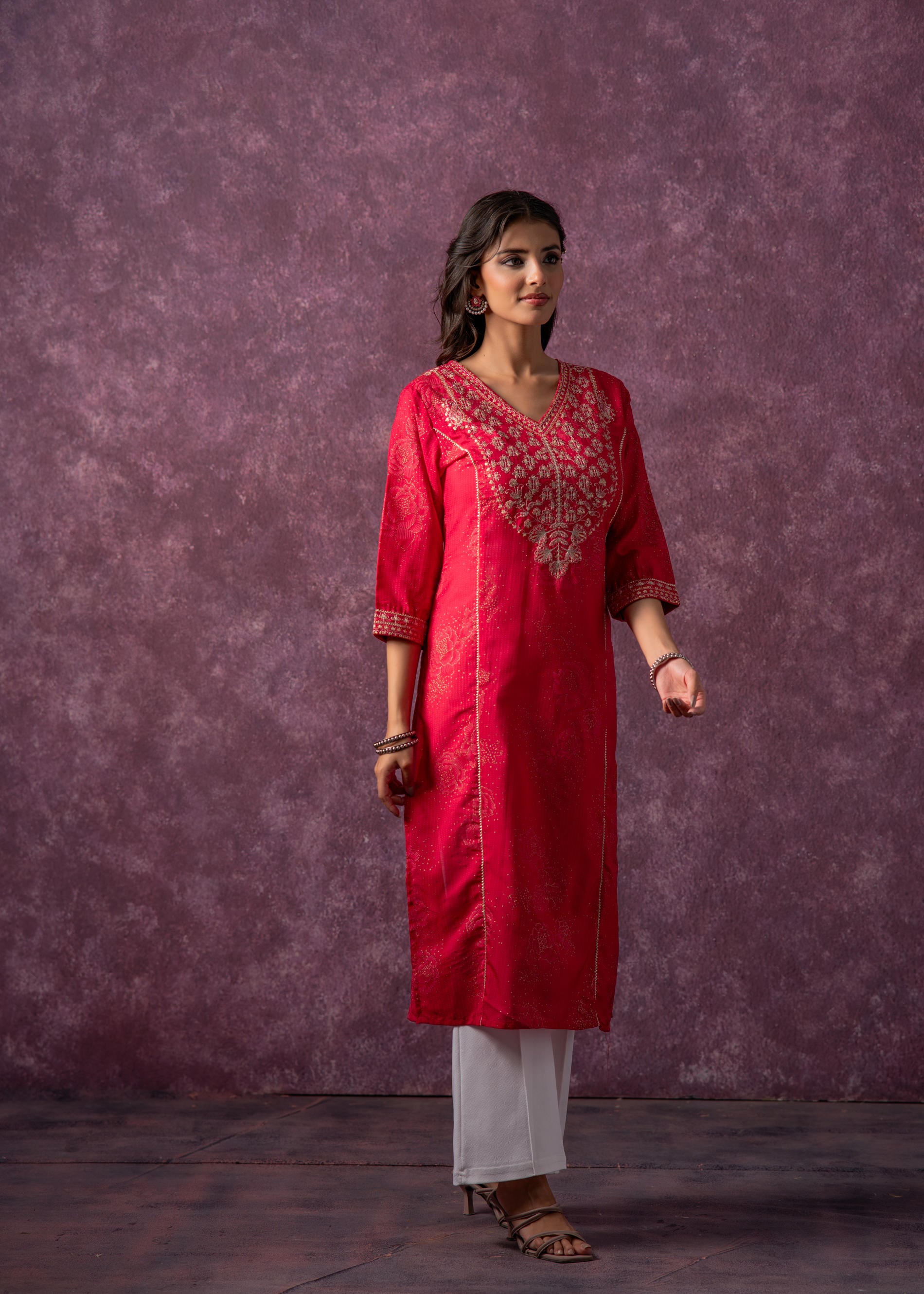 Rust Red Embroidered Straight Kurta-P1993FUCHSIA
