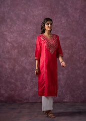 Rust Red Embroidered Straight Kurta-P1993FUCHSIA