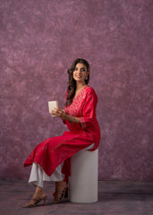 Rust Red Embroidered Straight Kurta-P1993FUCHSIA