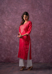 Rust Red Embroidered Straight Kurta-P1993FUCHSIA