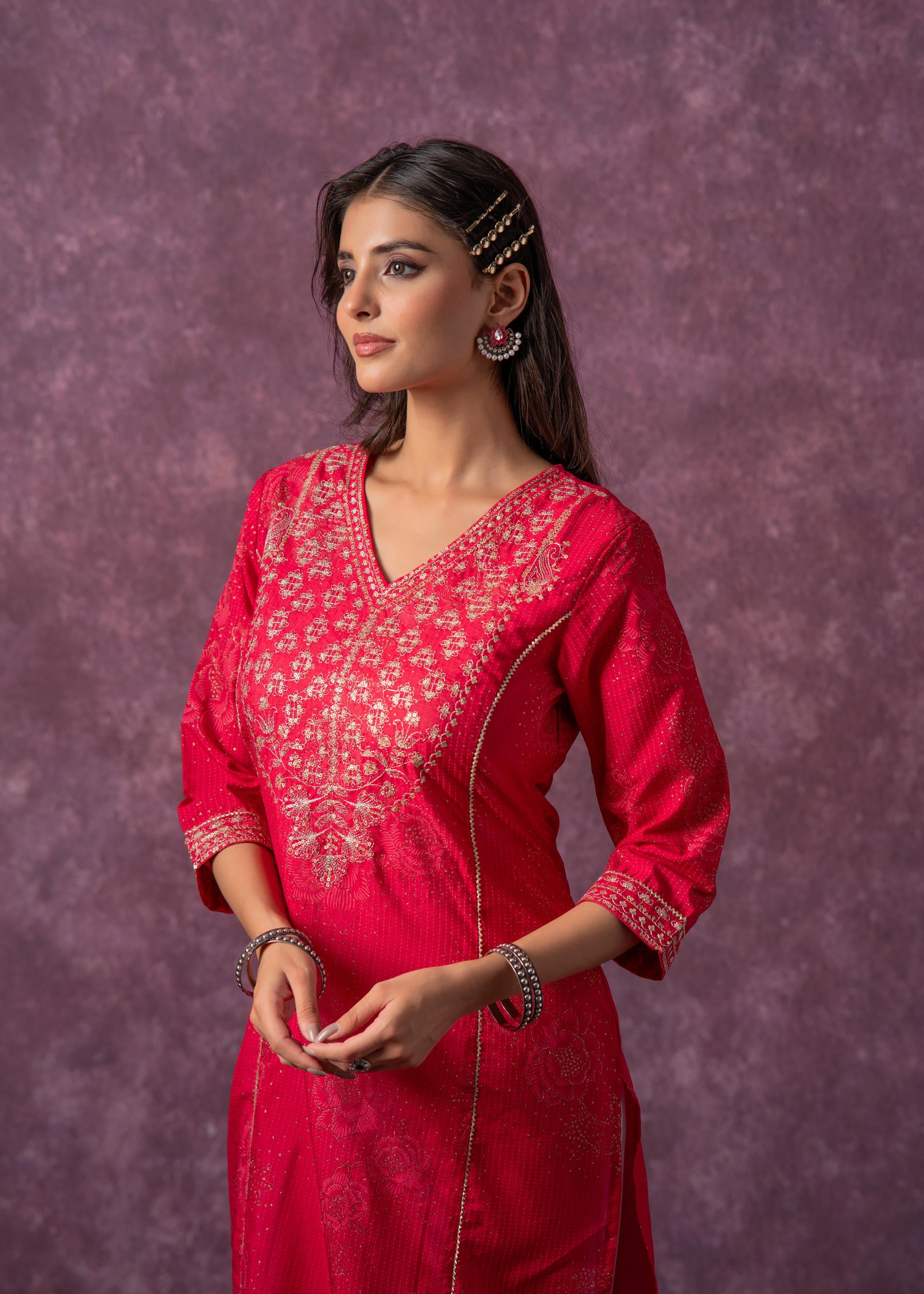 Rust Red Embroidered Straight Kurta-P1993FUCHSIA