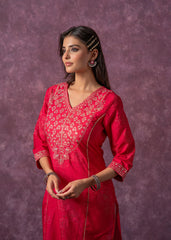 Rust Red Embroidered Straight Kurta-P1993FUCHSIA