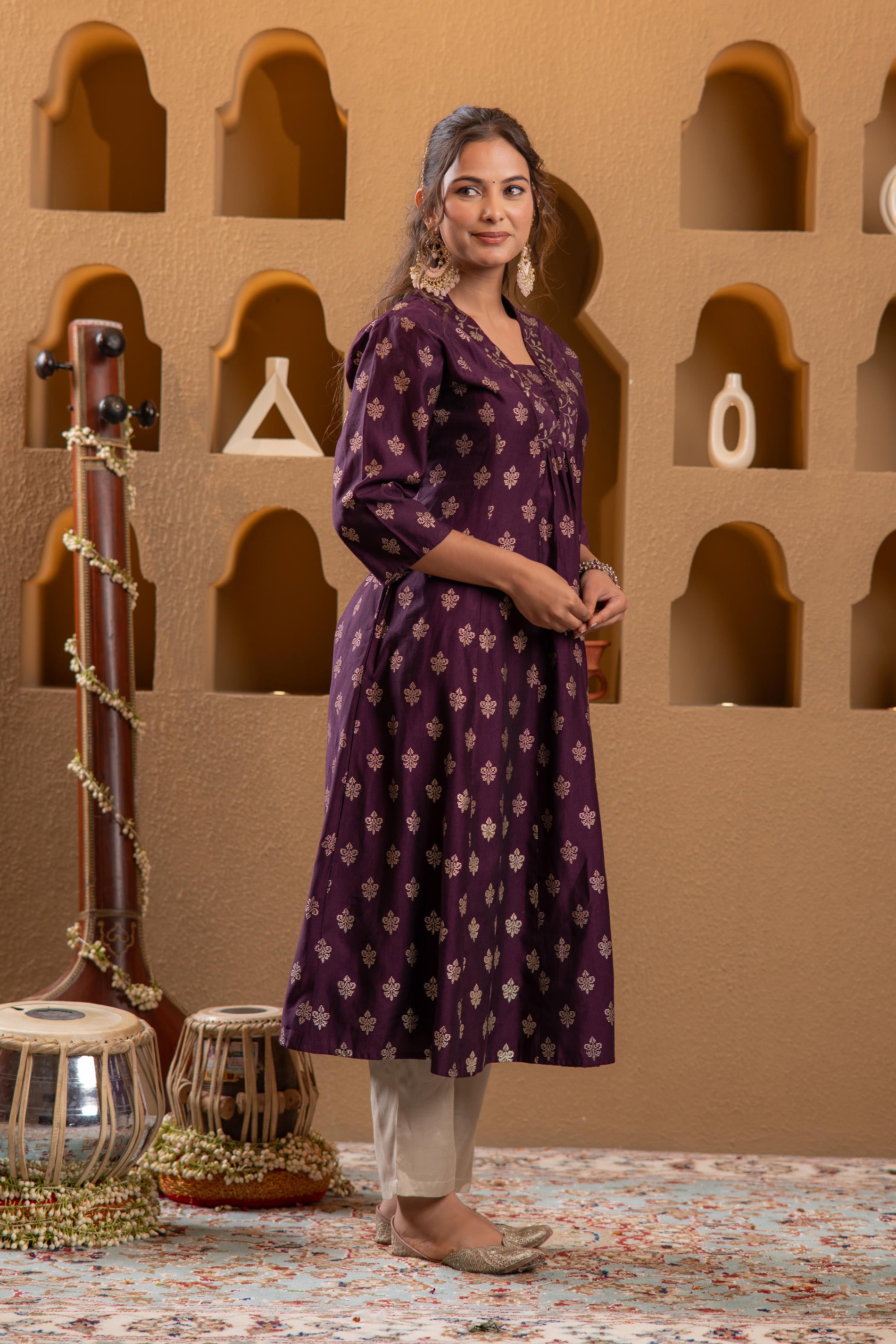 Purple Gold-Printed Anarkali Kurta-P1995WINE_ON