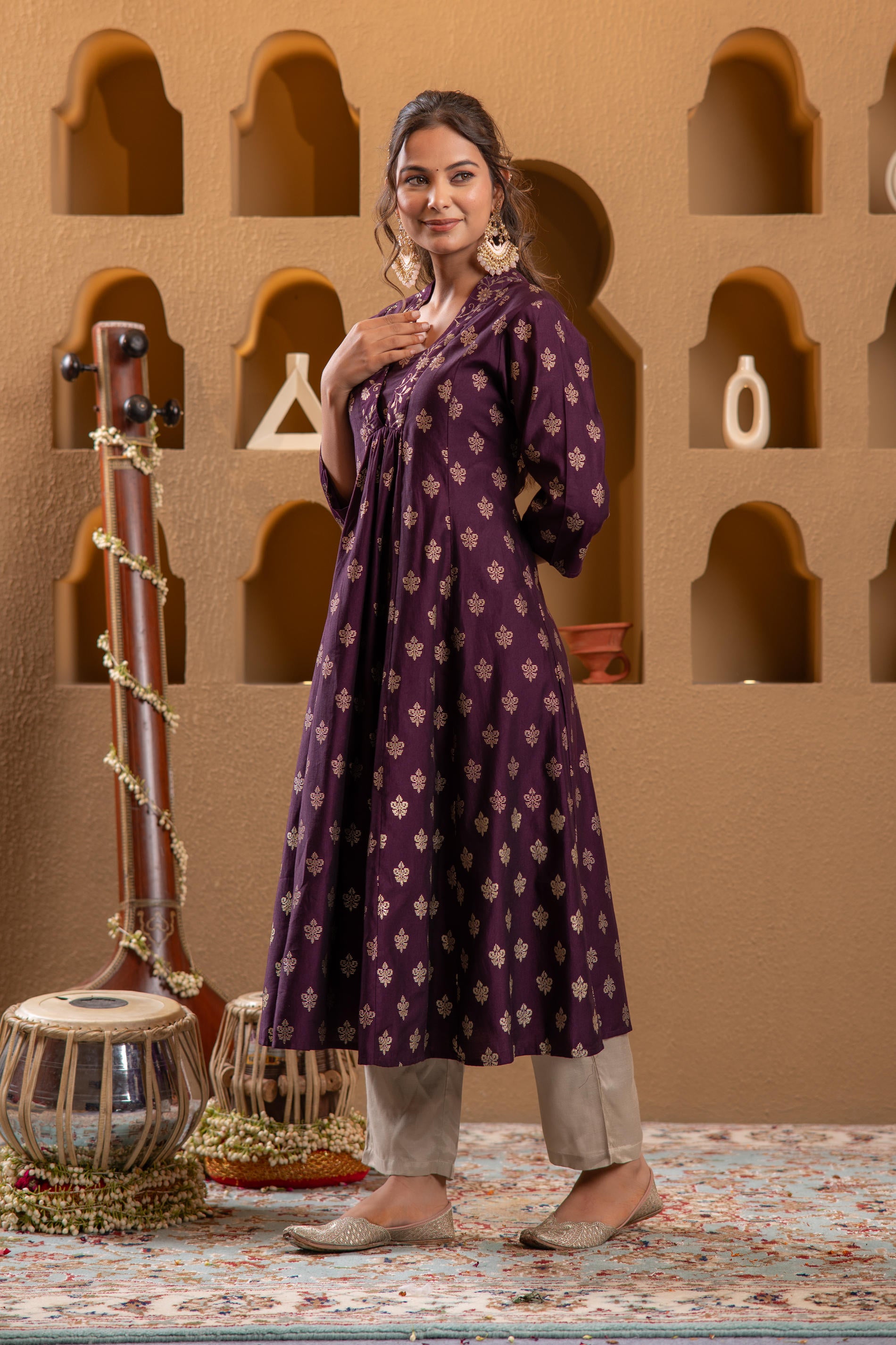 Purple Gold-Printed Anarkali Kurta-P1995WINE_ON