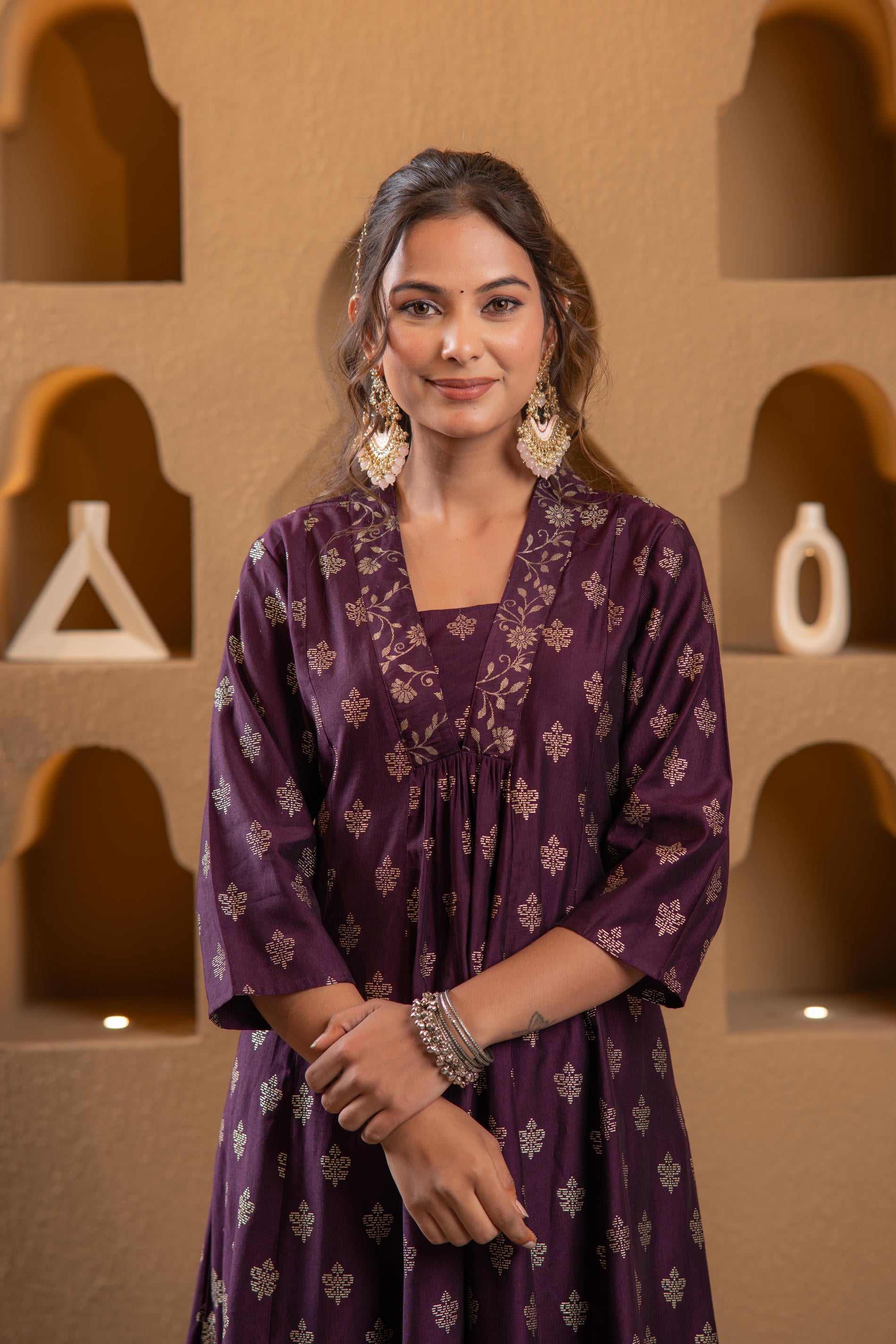 Purple Gold-Printed Anarkali Kurta-P1995WINE_ON