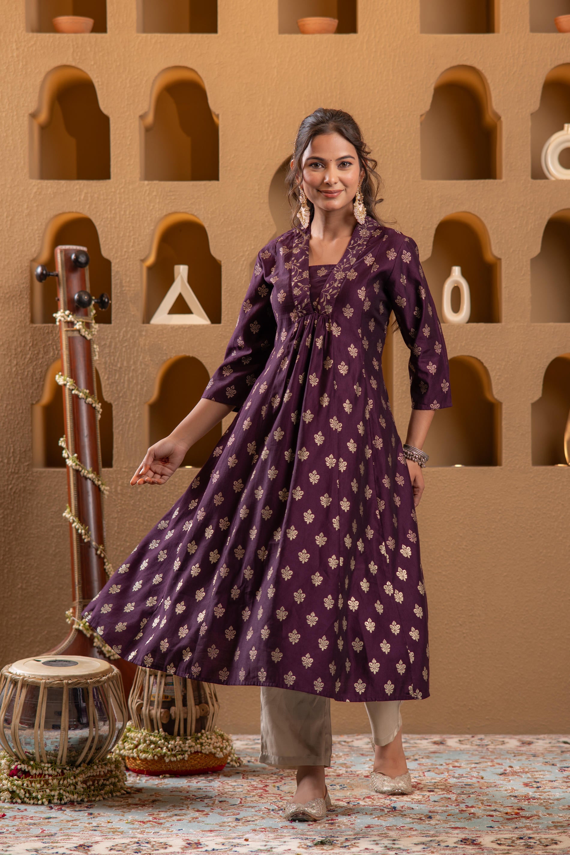 Purple Gold-Printed Anarkali Kurta-P1995WINE_ON
