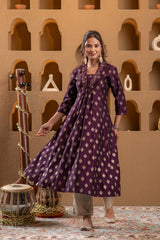 Purple Gold-Printed Anarkali Kurta-P1995WINE_ON