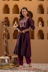 Wine Embroidered Yoke Kurta-P1996WINE_ON