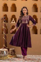 Wine Embroidered Yoke Kurta-P1996WINE_ON