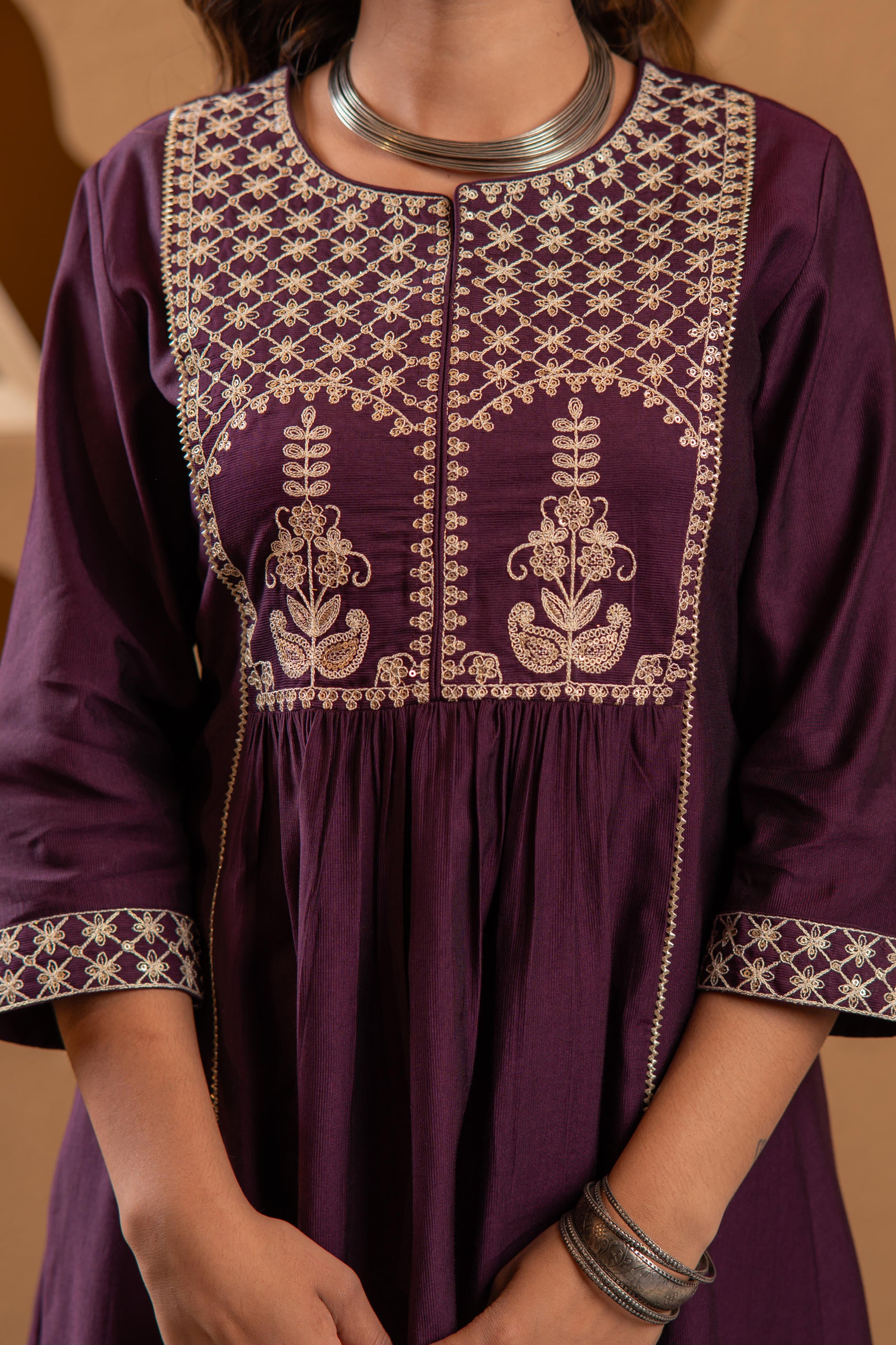Wine Embroidered Yoke Kurta-P1996WINE_ON