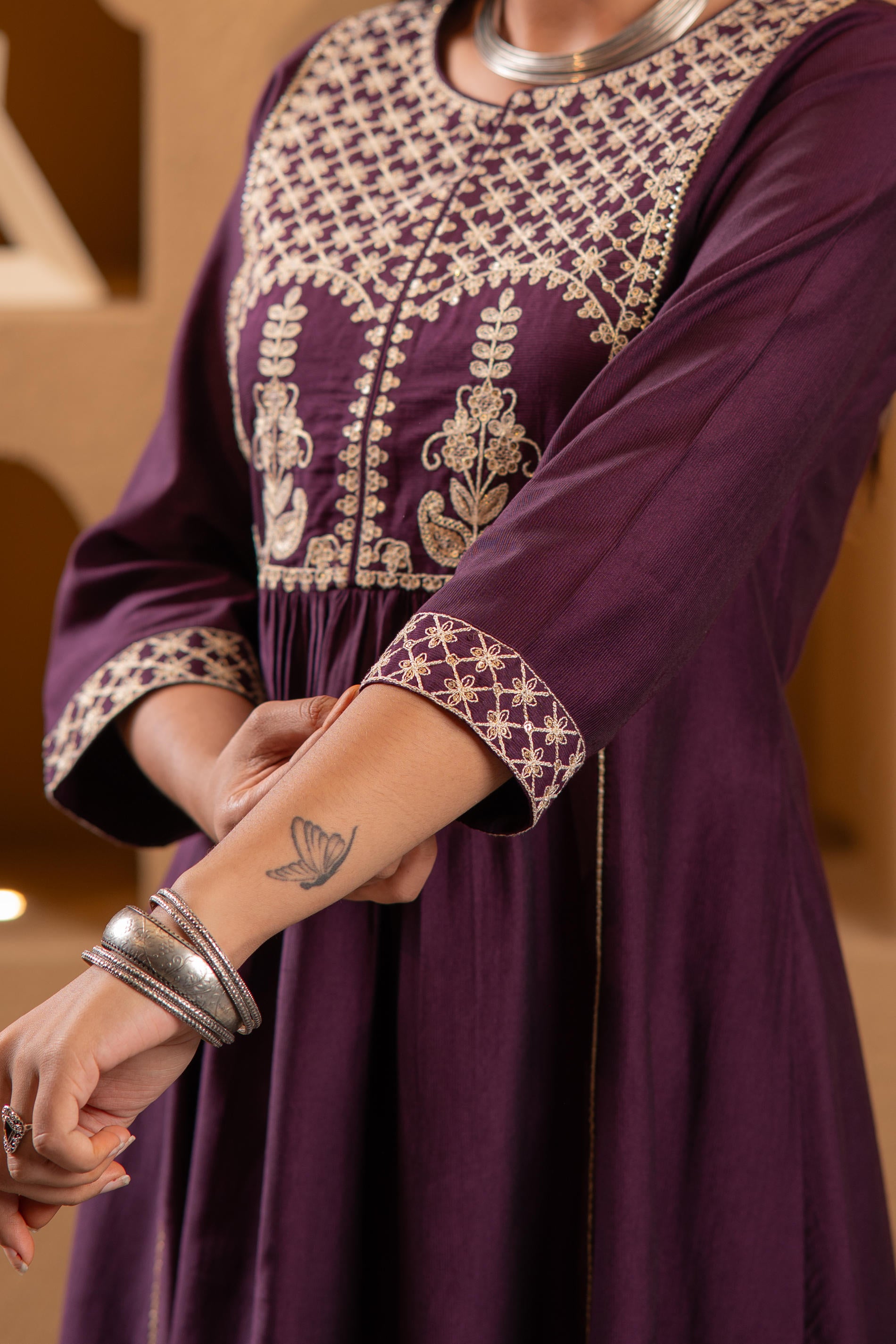 Wine Embroidered Yoke Kurta-P1996WINE_ON