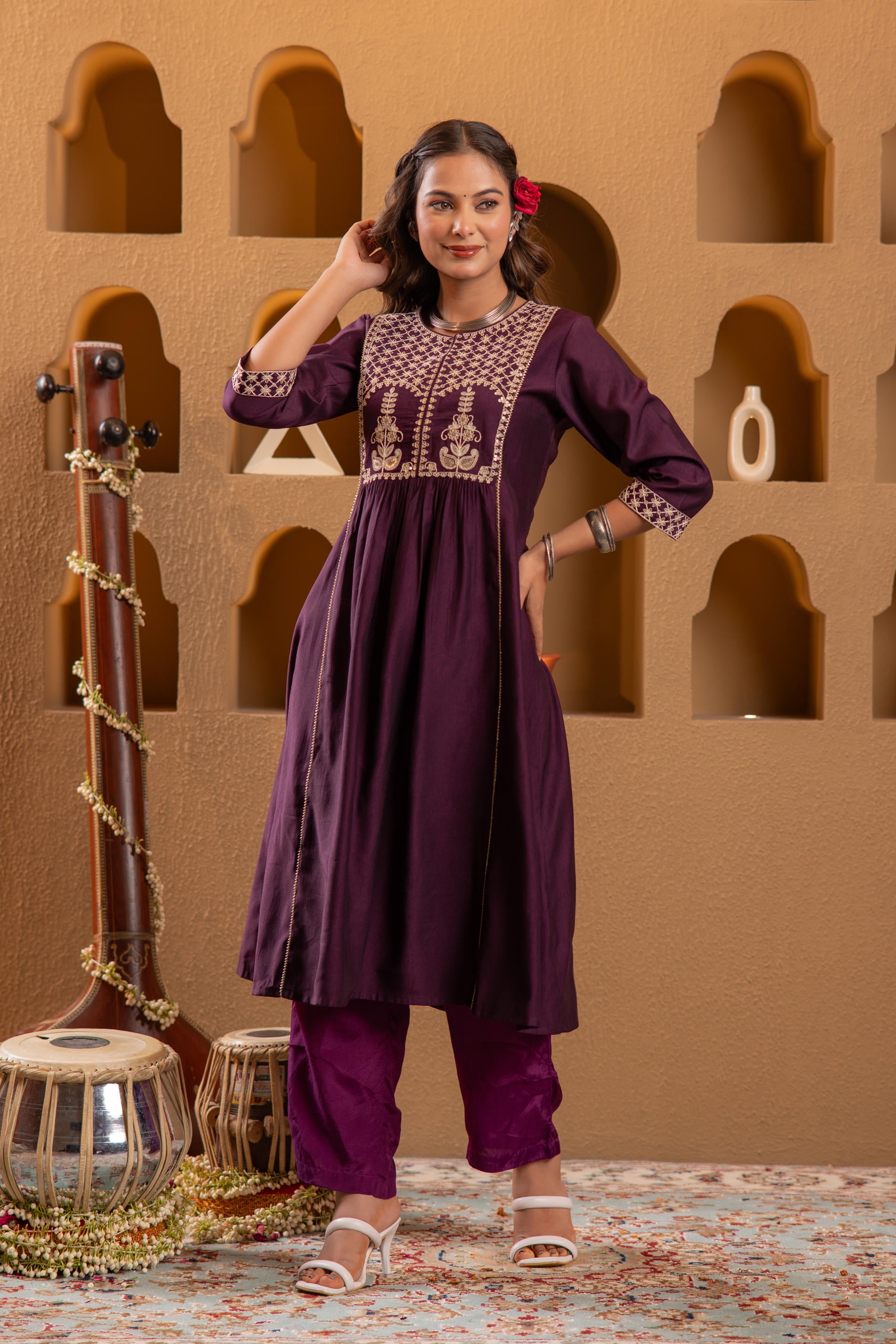 Wine Embroidered Yoke Kurta-P1996WINE_ON