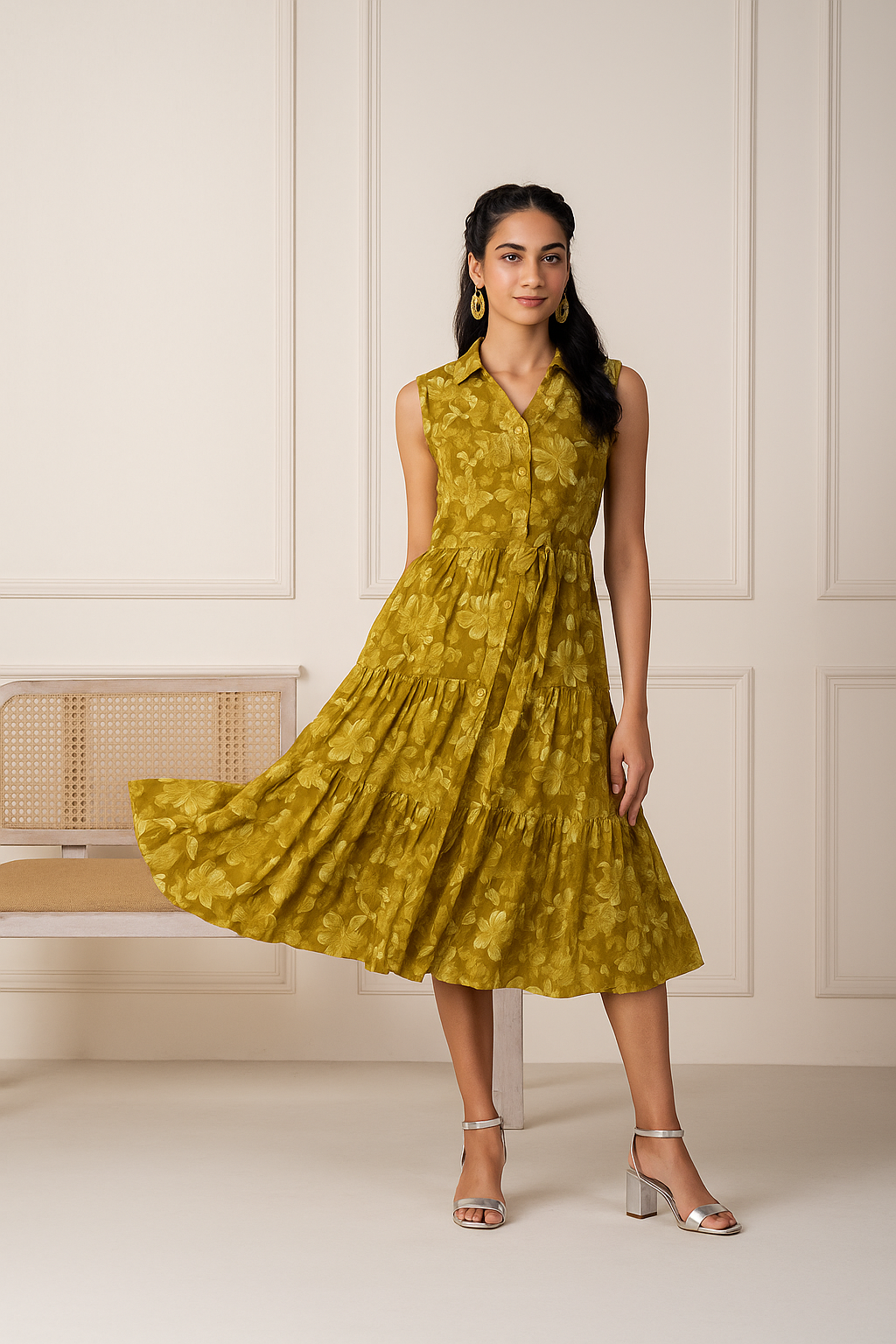 Coral OliveGreen Sleeveless Floral Tiered Dress
