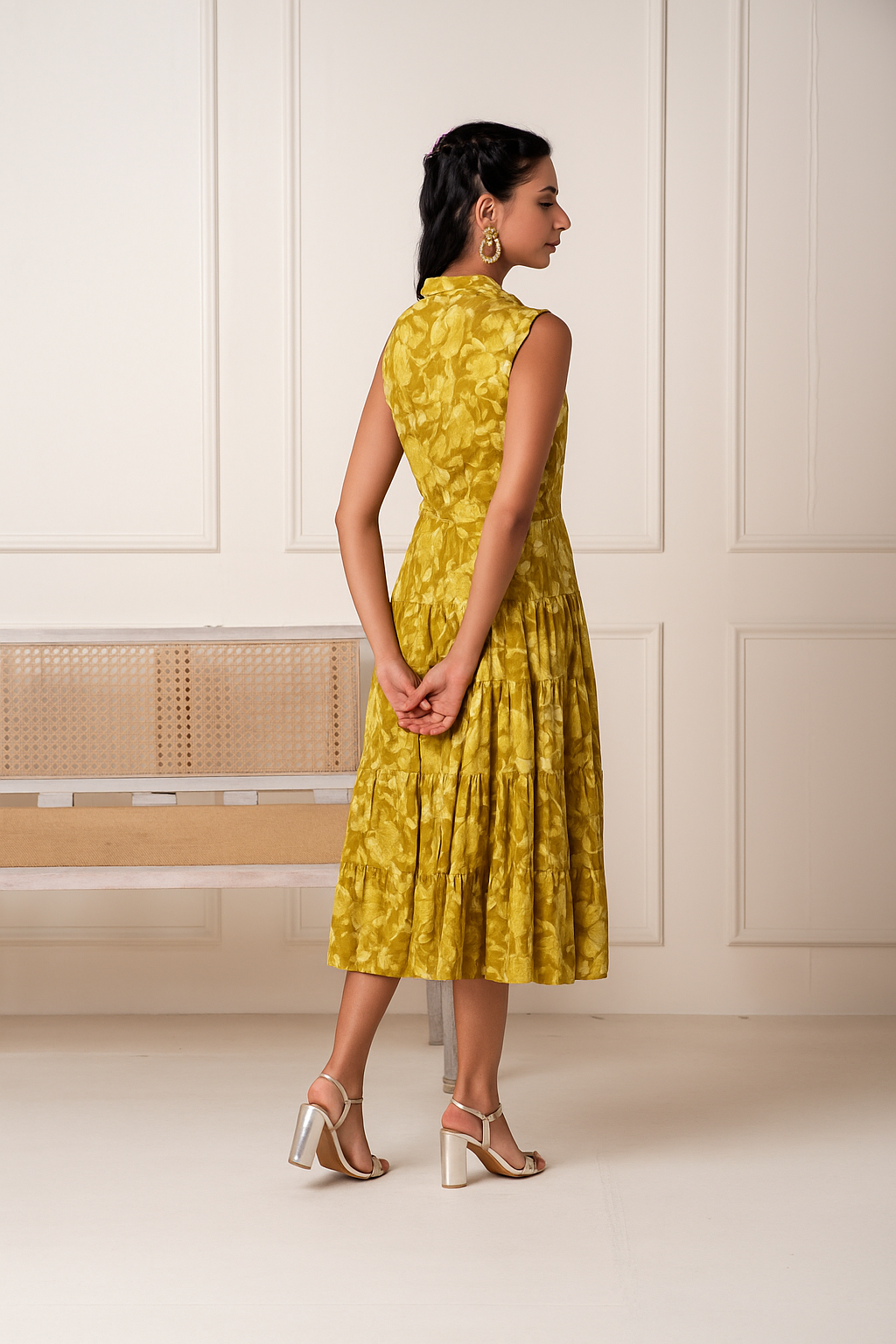 Coral OliveGreen Sleeveless Floral Tiered Dress
