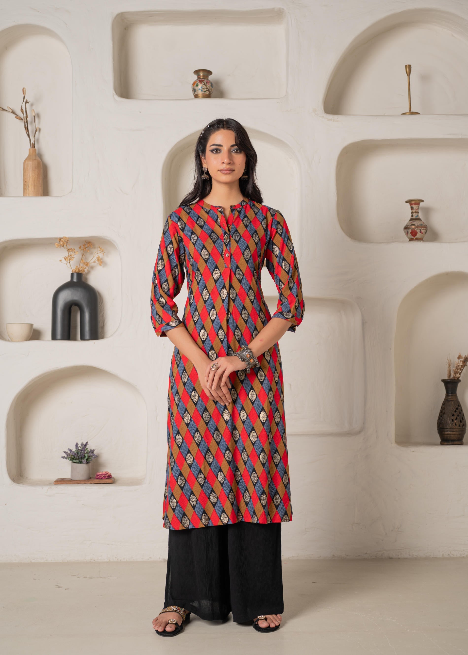 Geometric Printed Straight Kurta - Navy | DesiQlo