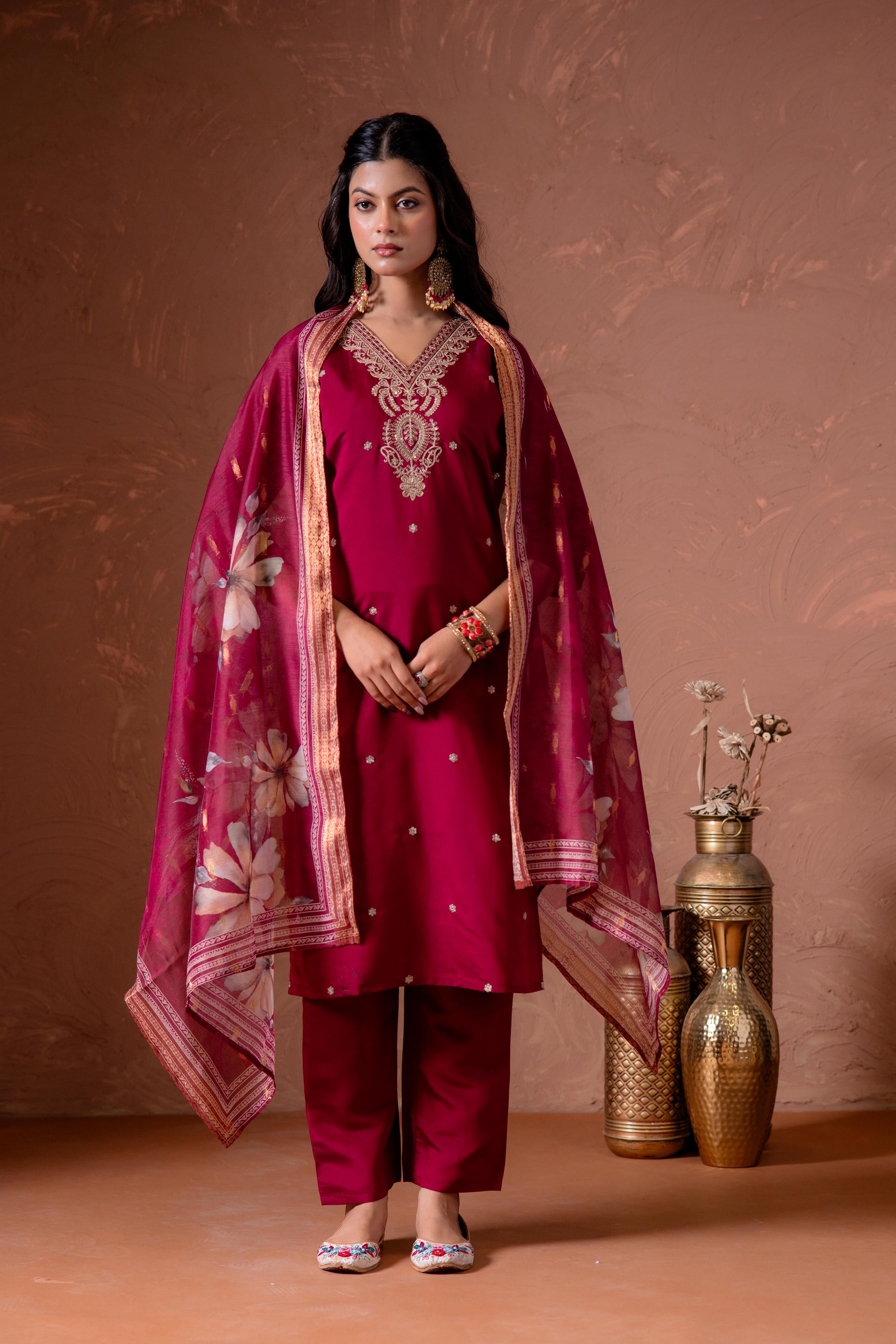 Cherry Embroidered Suit Set with Printed Floral Dupatta-P2014CHERRY_ON