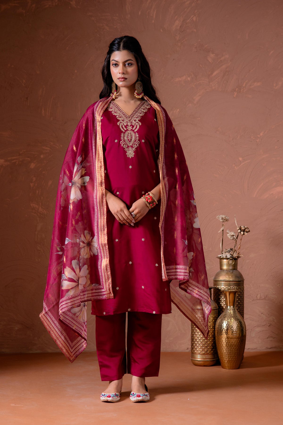 Cherry Embroidered Suit Set with Printed Floral Dupatta-P2014CHERRY_ON