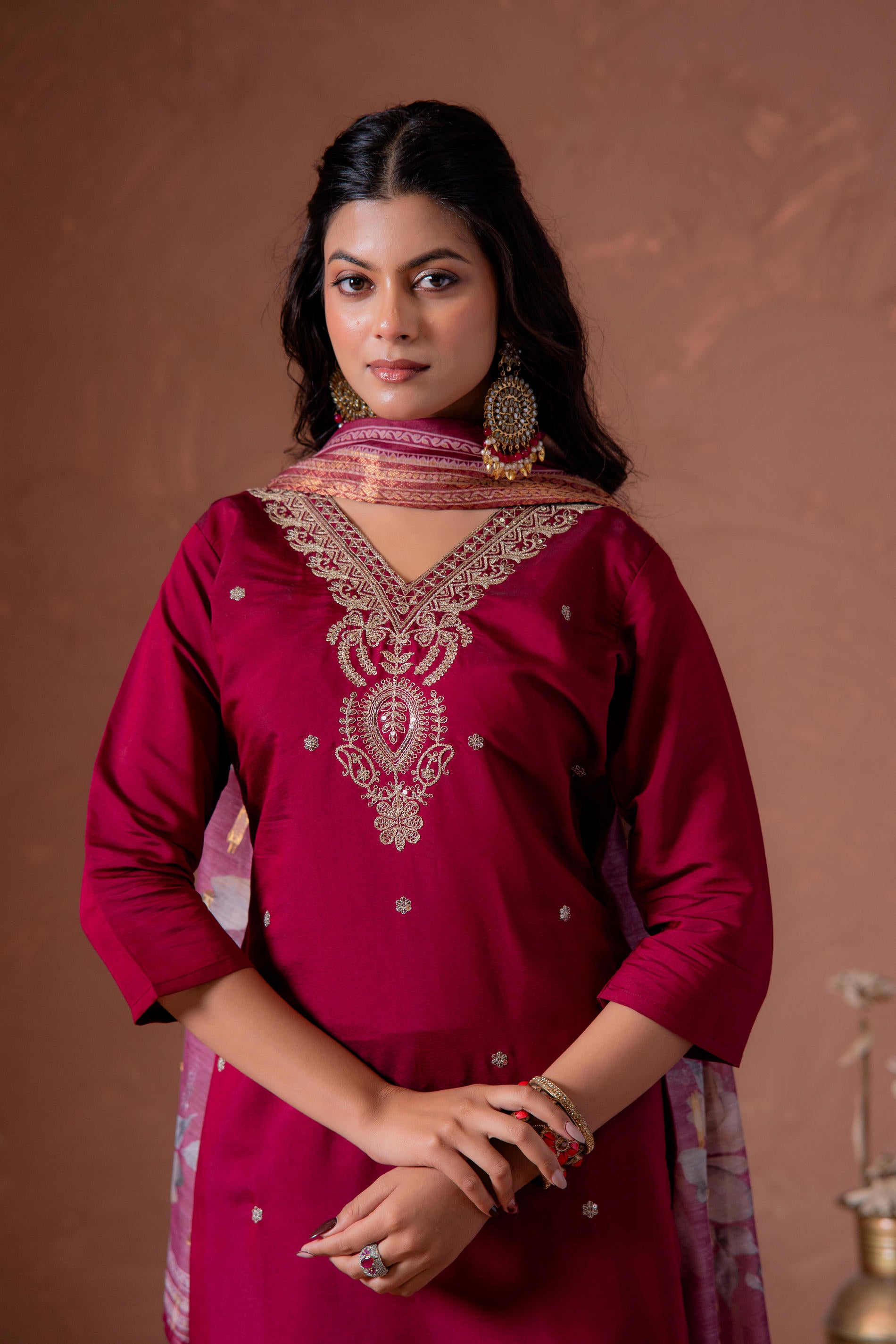 Cherry Embroidered Suit Set with Printed Floral Dupatta-P2014CHERRY_ON