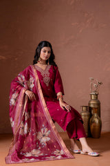 Cherry Embroidered Suit Set with Printed Floral Dupatta-P2014CHERRY_ON