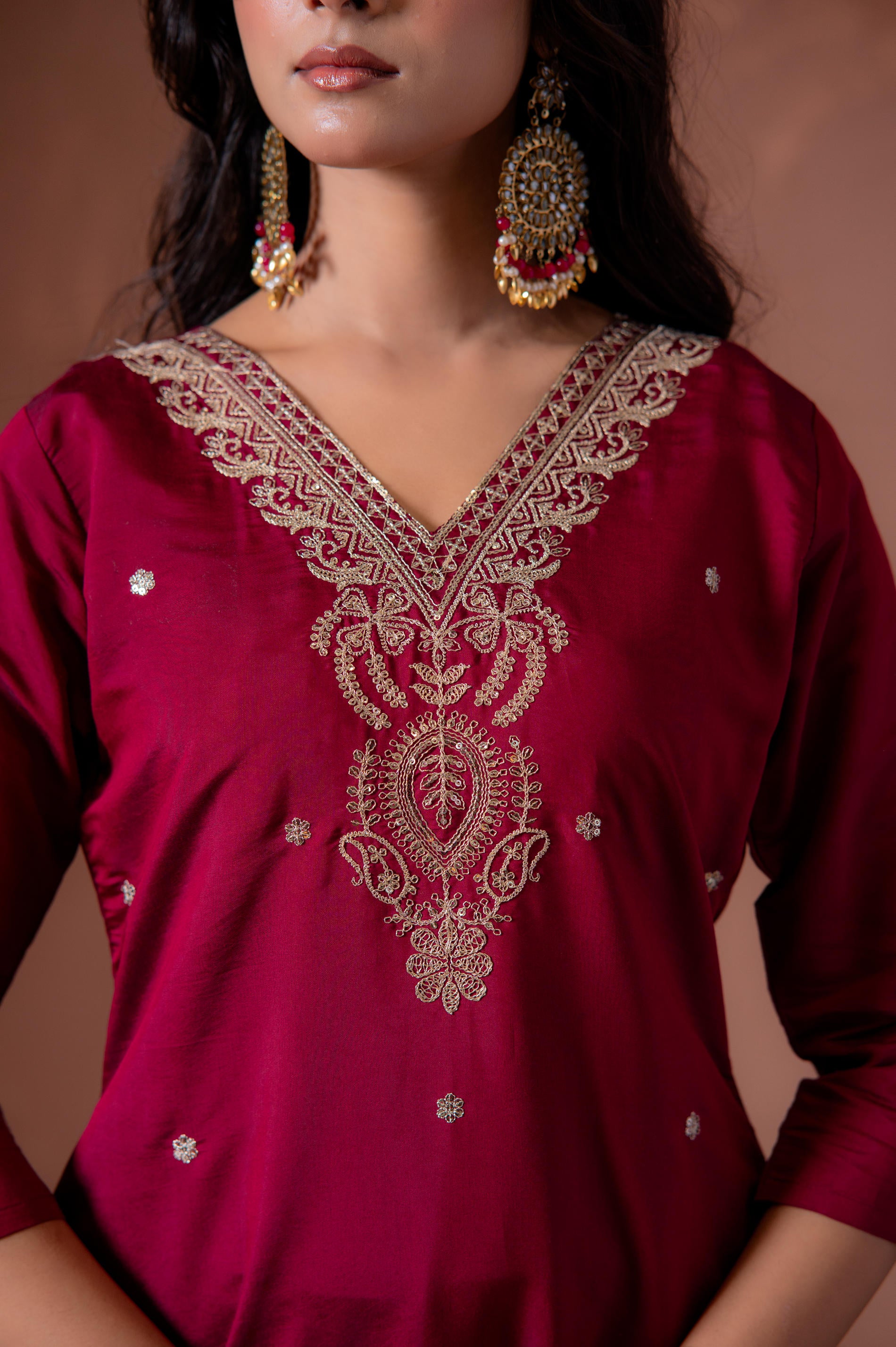 Cherry Embroidered Suit Set with Printed Floral Dupatta-P2014CHERRY_ON