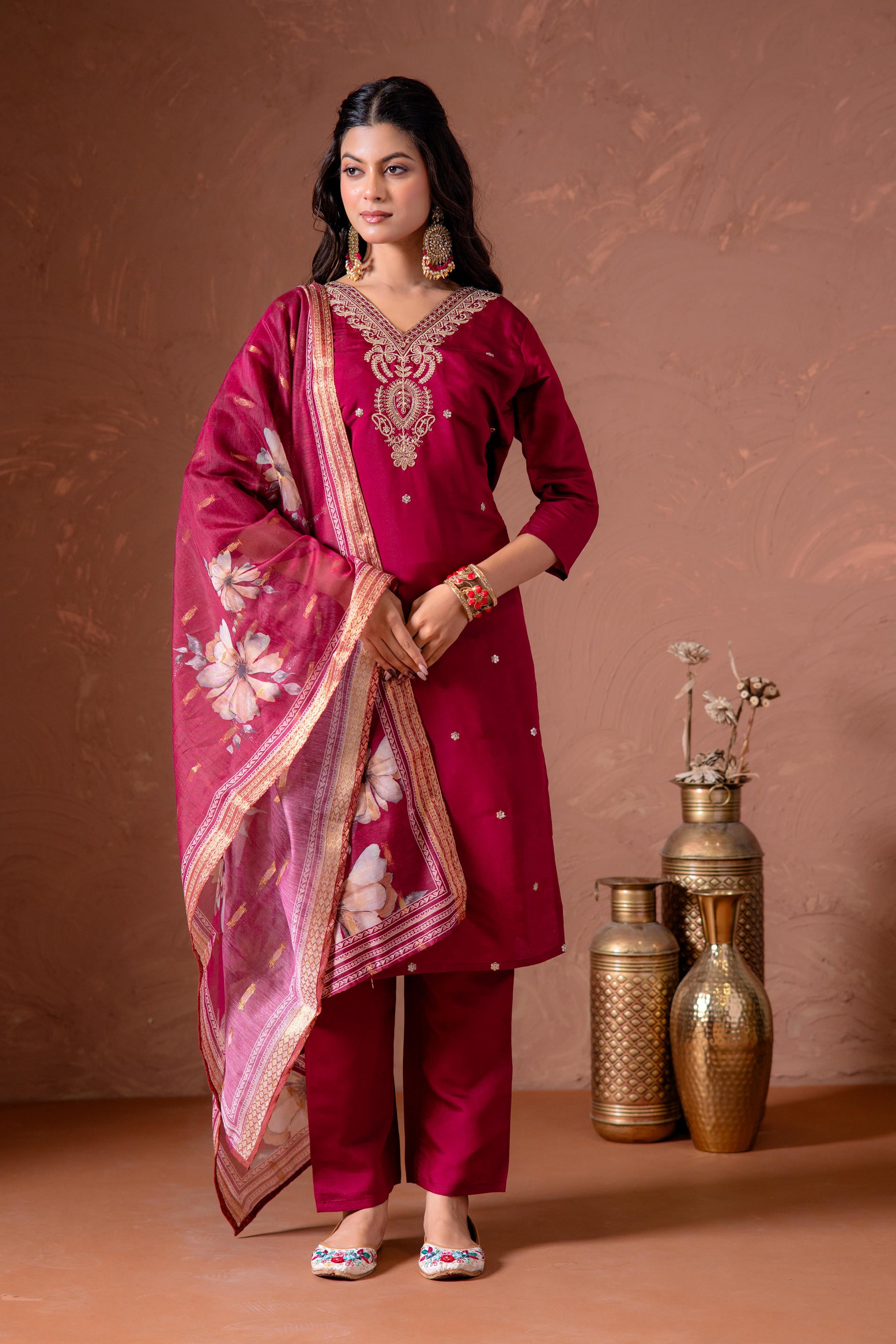 Cherry Embroidered Suit Set with Printed Floral Dupatta-P2014CHERRY_ON