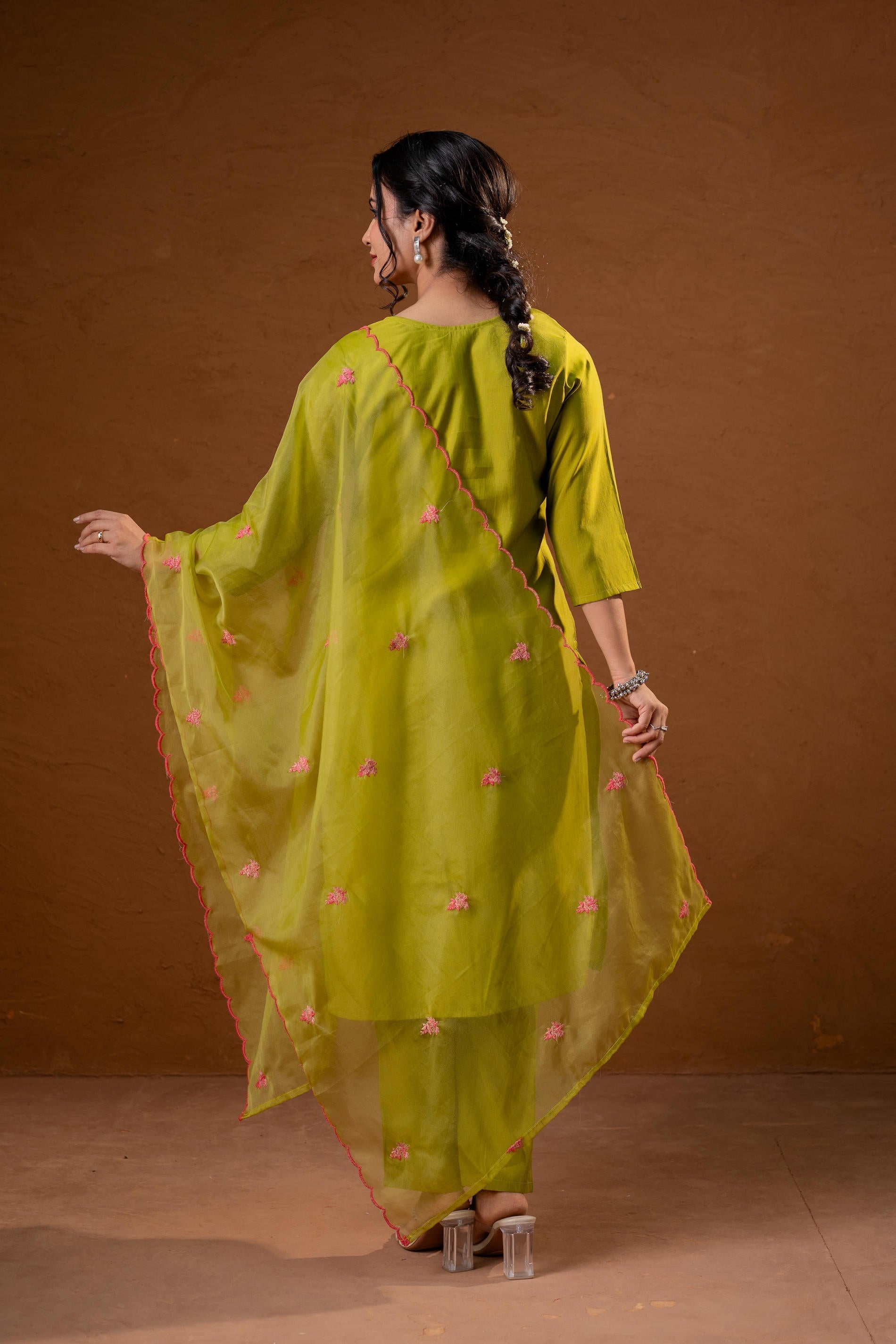 Green, Embroidered Straight Kurta Set with  Dupatta