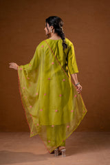 Green, Embroidered Straight Kurta Set with  Dupatta