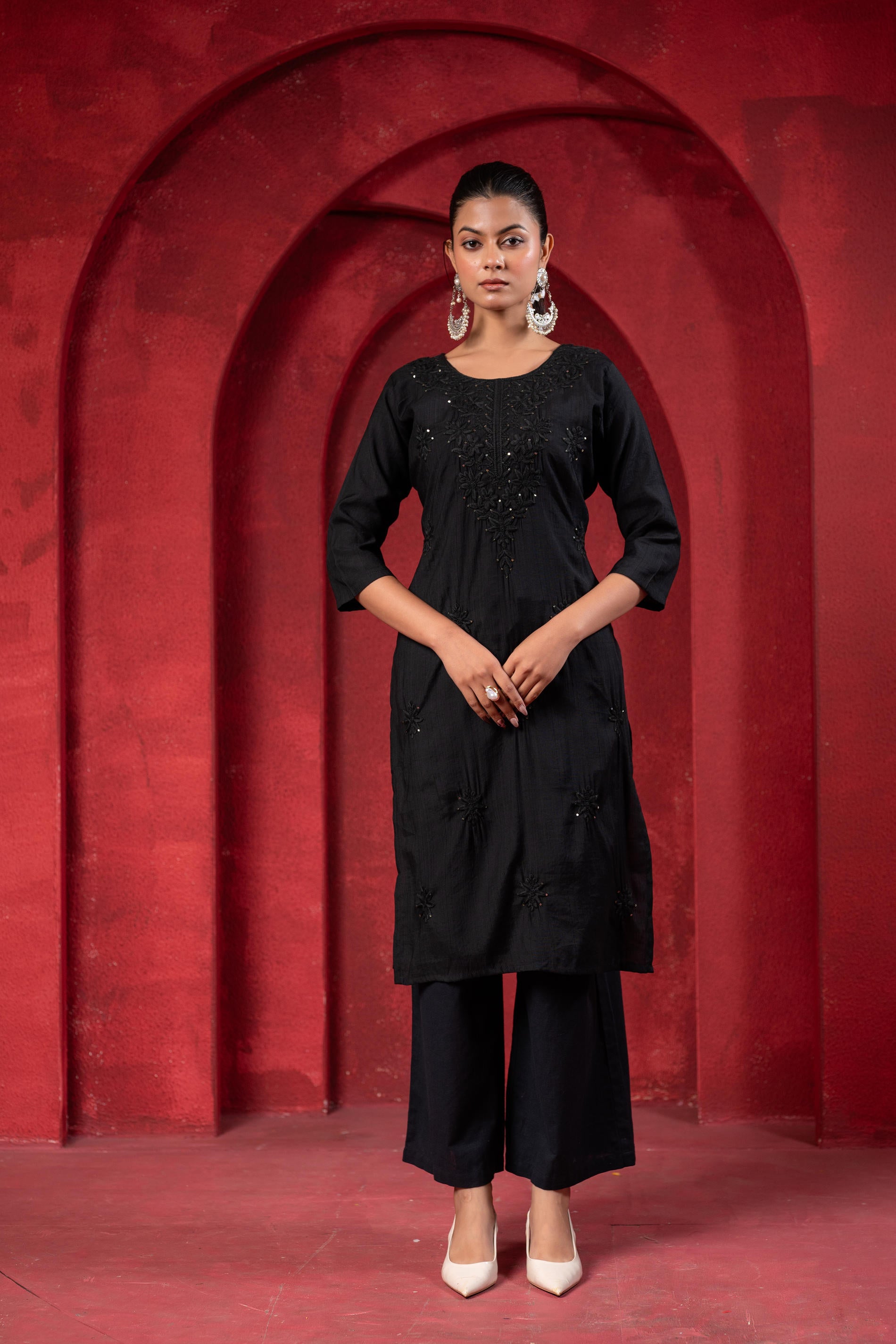 Black Tonal Sequin Embellished Straight Kurta Set-P2017BLACK_ON