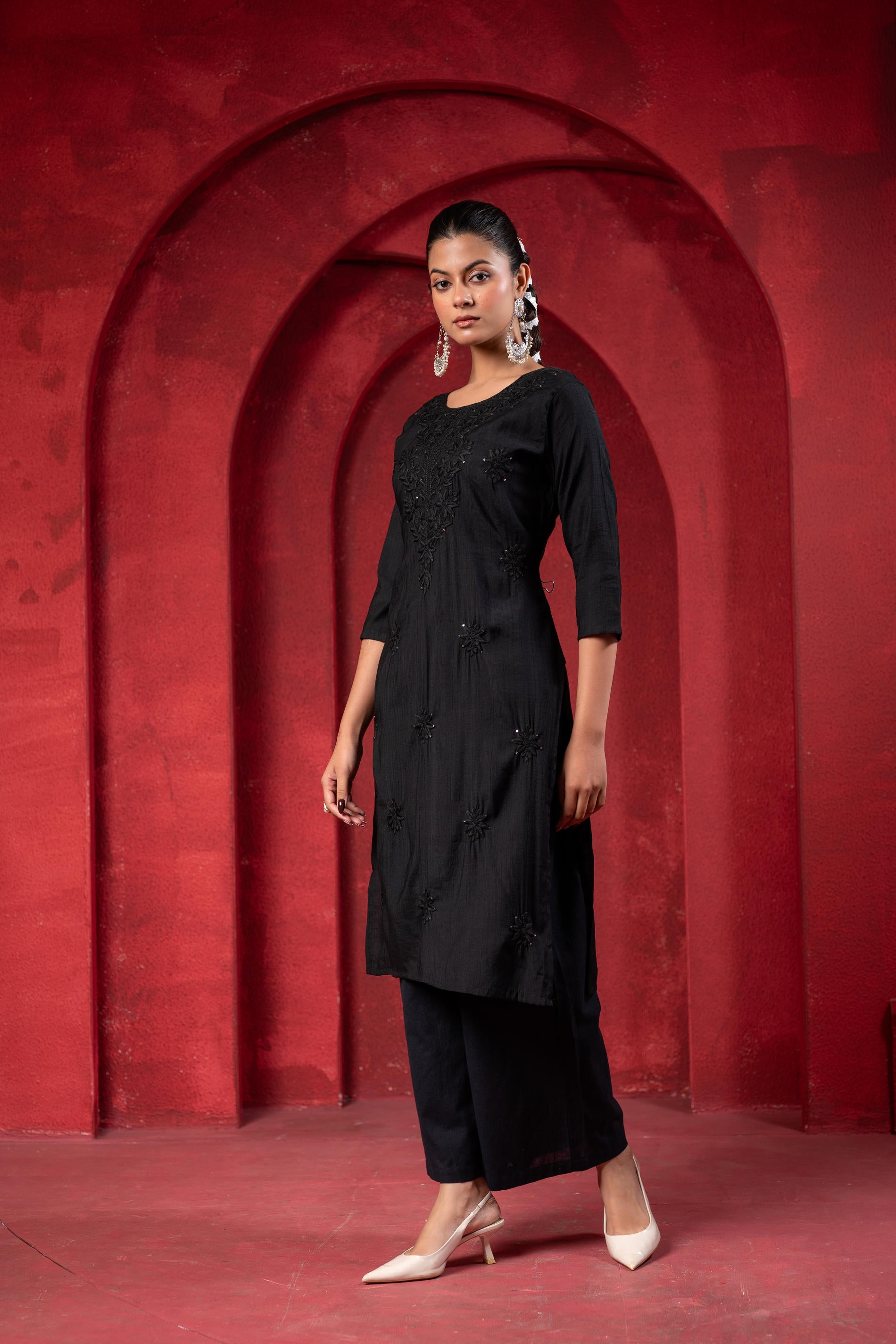 Black Tonal Sequin Embellished Straight Kurta Set-P2017BLACK_ON