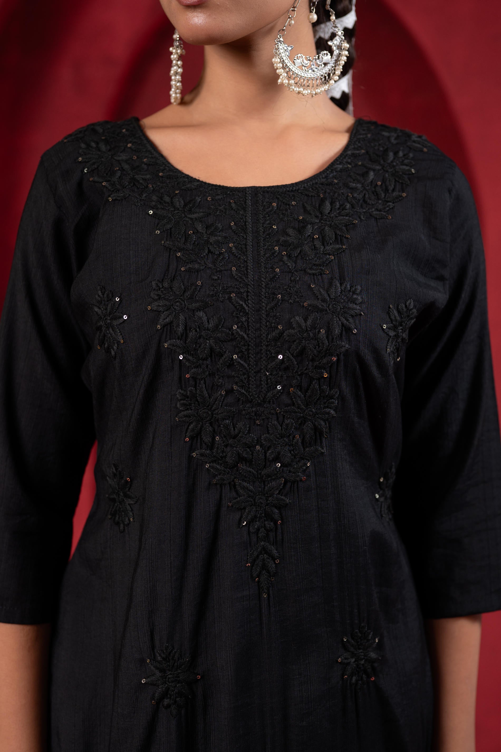 Black Tonal Sequin Embellished Straight Kurta Set-P2017BLACK_ON