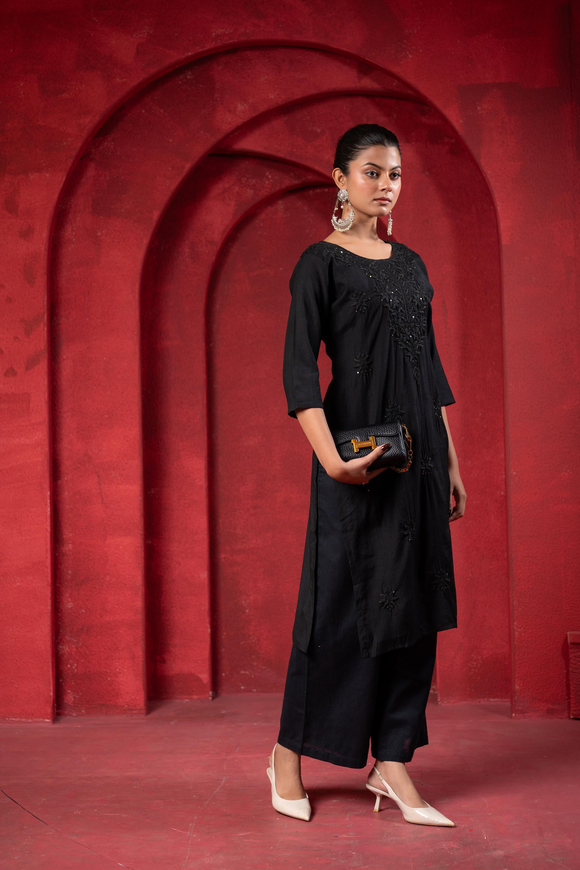 Black Tonal Sequin Embellished Straight Kurta Set-P2017BLACK_ON