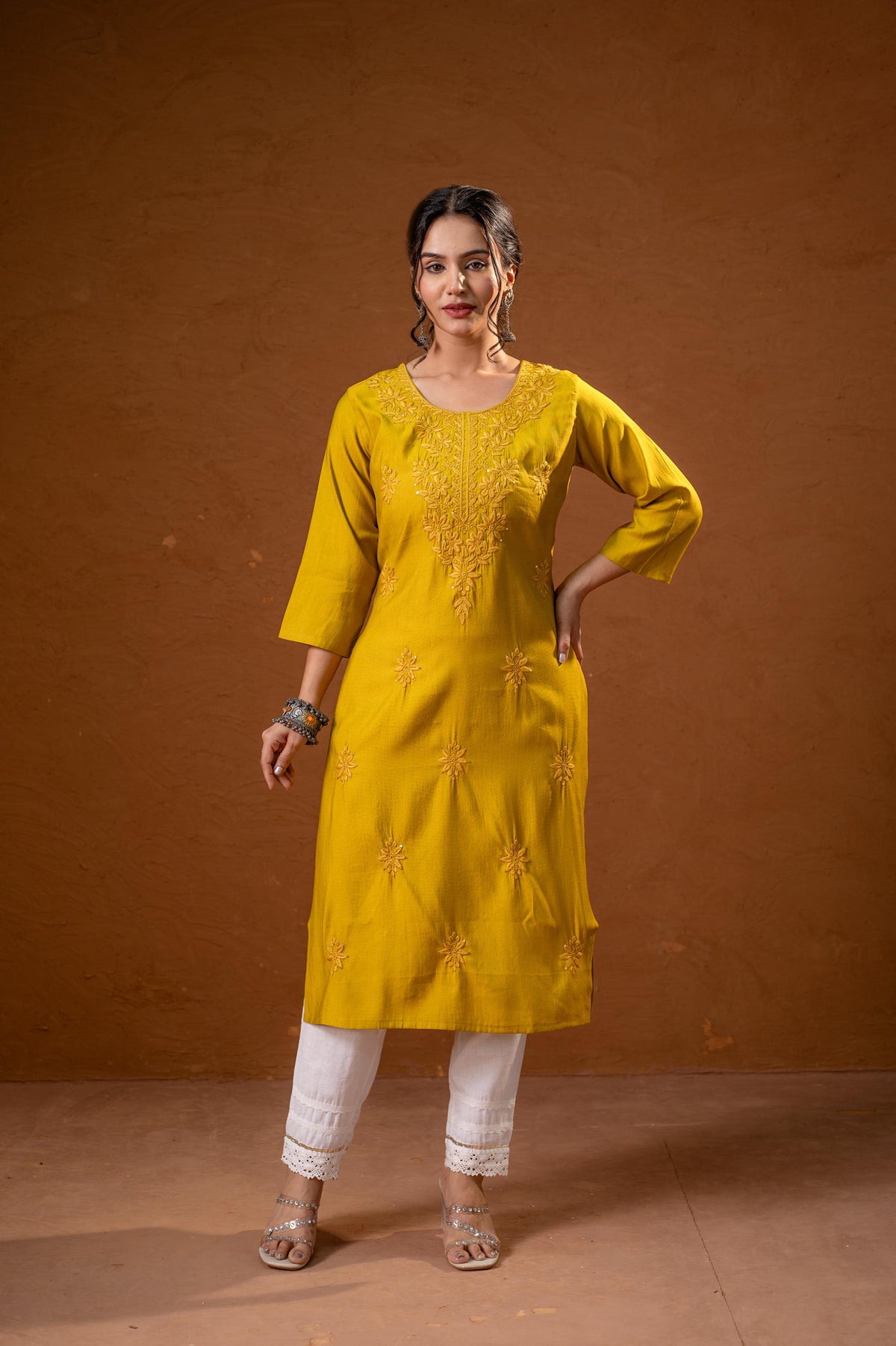 Mustard Tonal Sequin Embellished Straight Kurta Set-P2017MUSTARD_ON