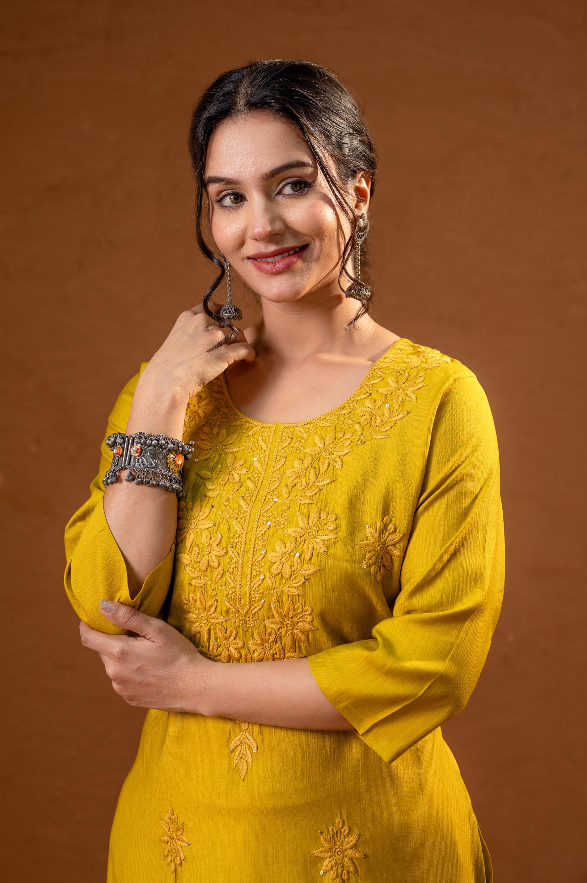 Mustard Tonal Sequin Embellished Straight Kurta Set-P2017MUSTARD_ON