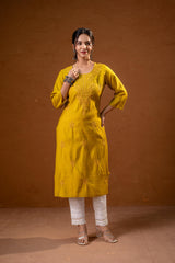 Mustard Tonal Sequin Embellished Straight Kurta Set-P2017MUSTARD_ON