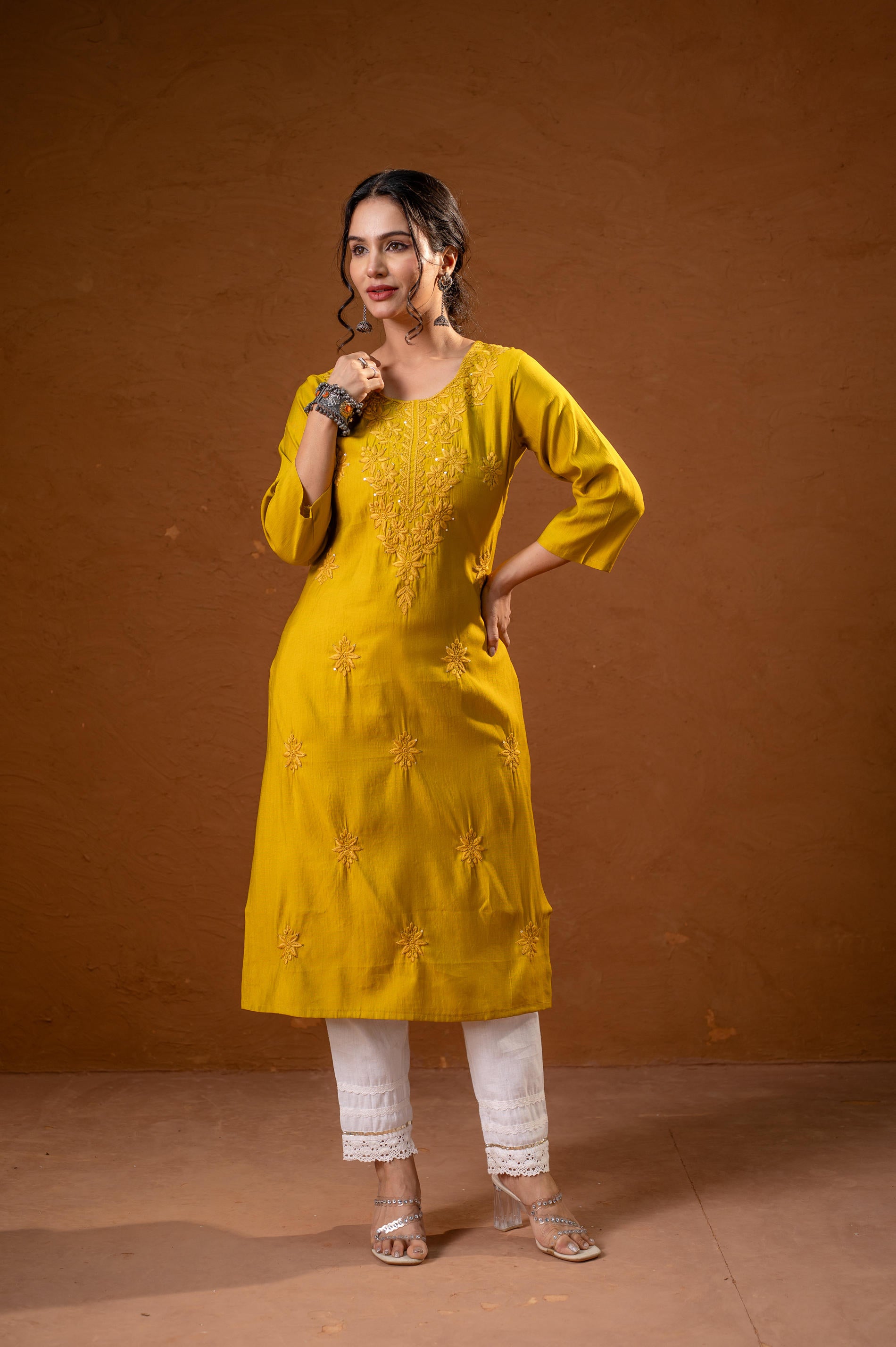 Mustard Tonal Sequin Embellished Straight Kurta Set-P2017MUSTARD_ON