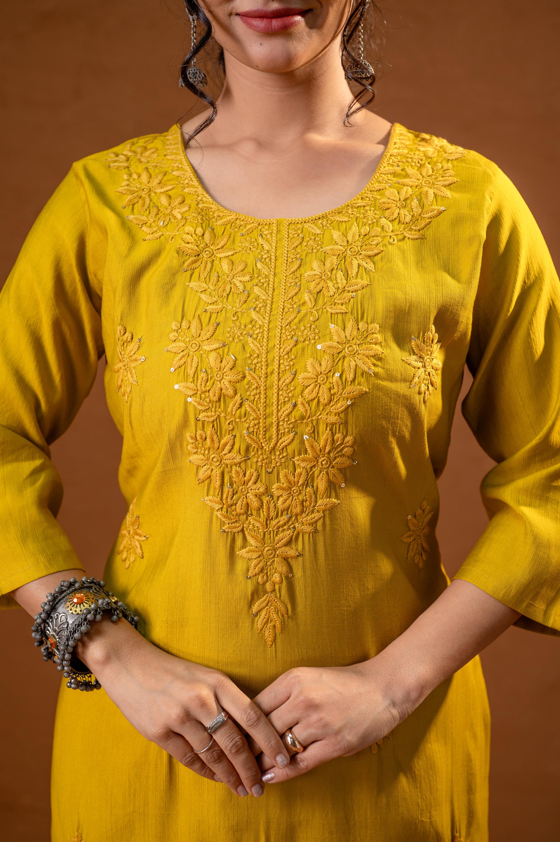 Mustard Tonal Sequin Embellished Straight Kurta Set-P2017MUSTARD_ON