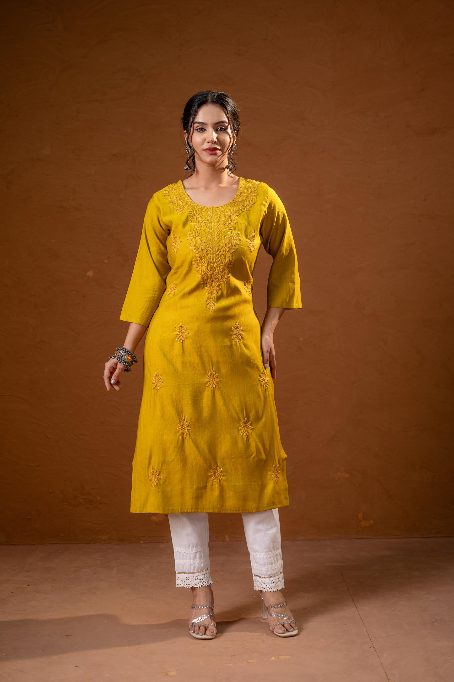 Mustard Tonal Sequin Embellished Straight Kurta Set-P2017MUSTARD_ON