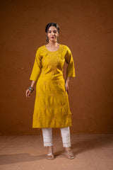 Mustard Tonal Sequin Embellished Straight Kurta Set-P2017MUSTARD_ON