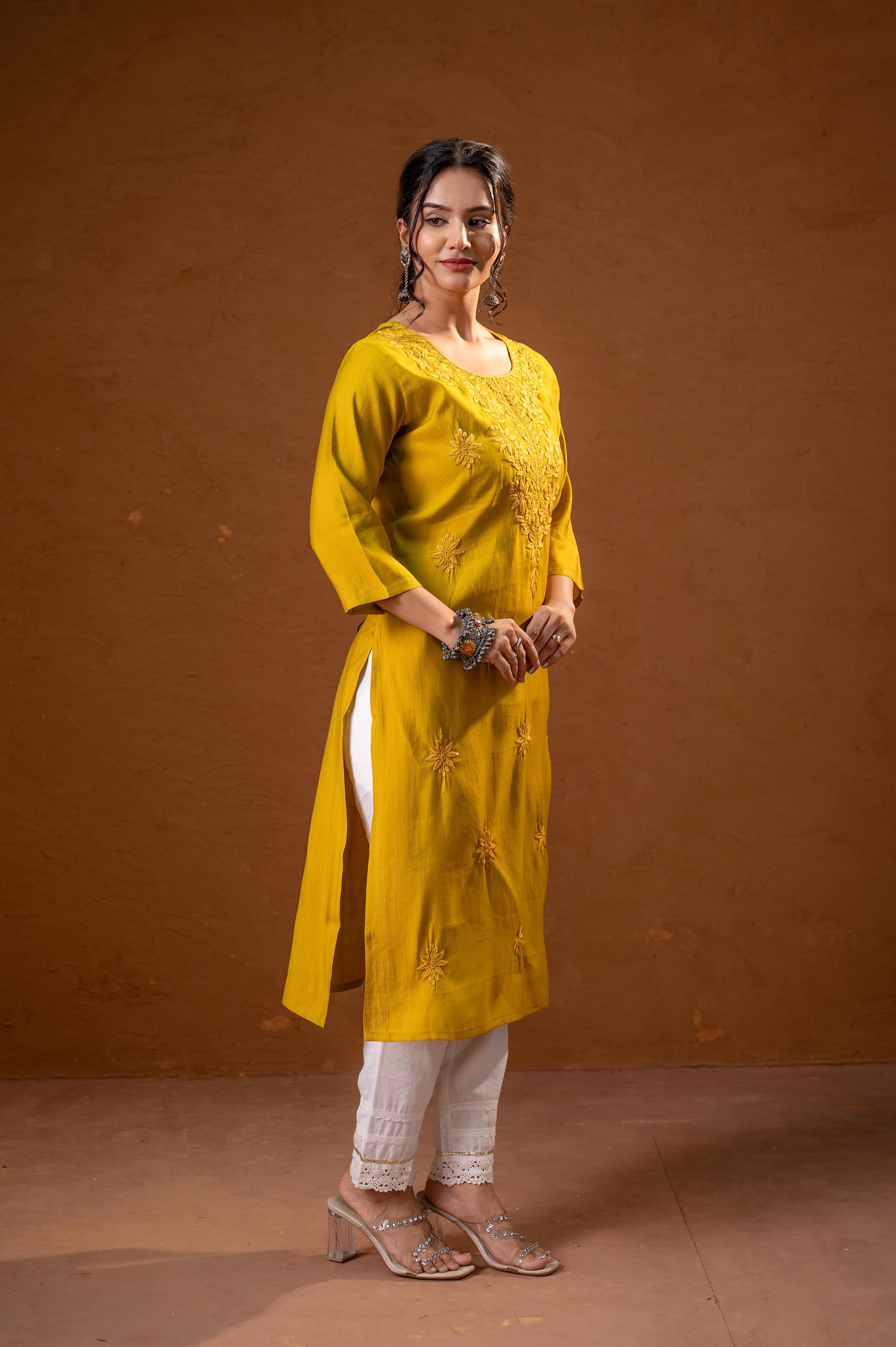 Mustard Tonal Sequin Embellished Straight Kurta Set-P2017MUSTARD_ON
