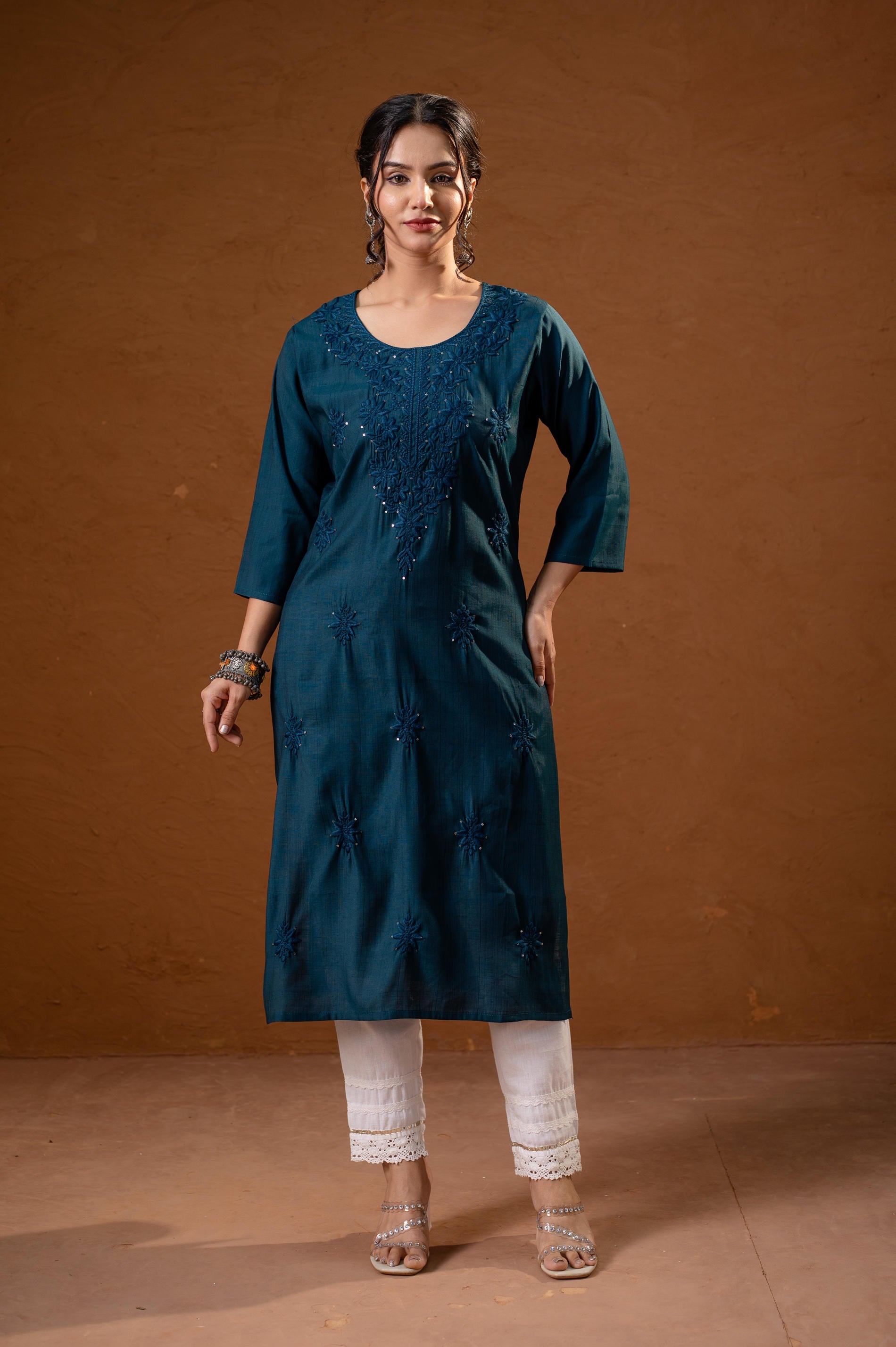 Teal Tonal Sequin Embellished Straight Kurta Set-P2017TEAL_ON