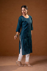 Teal Tonal Sequin Embellished Straight Kurta Set-P2017TEAL_ON