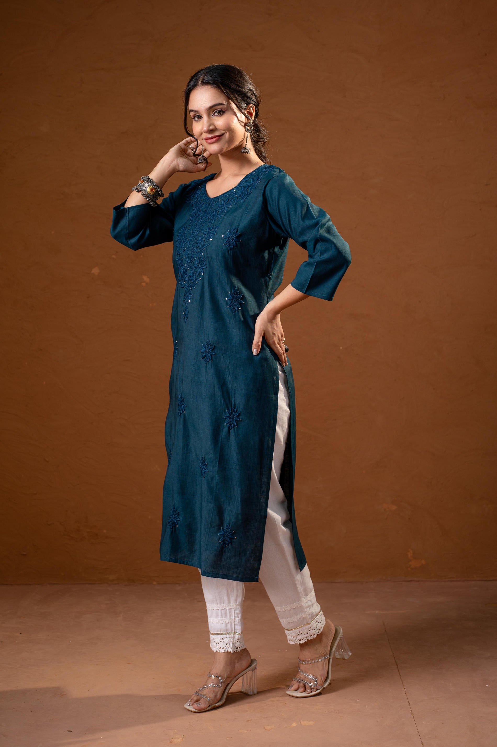Teal Tonal Sequin Embellished Straight Kurta Set-P2017TEAL_ON